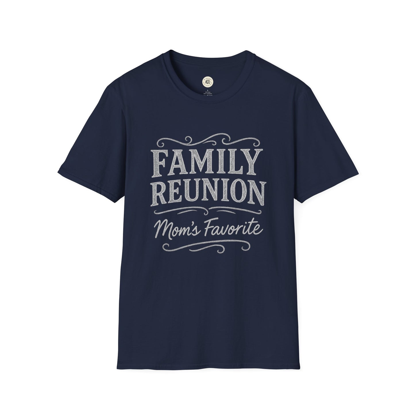 Navy blue family reunion t-shirt with vintage white text reading family reunion moms favorite
