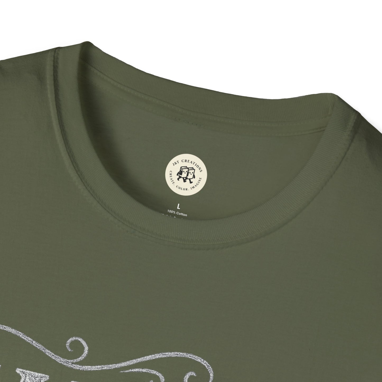 Olive green Printify family reunion t-shirt with round neckline and white decorative design