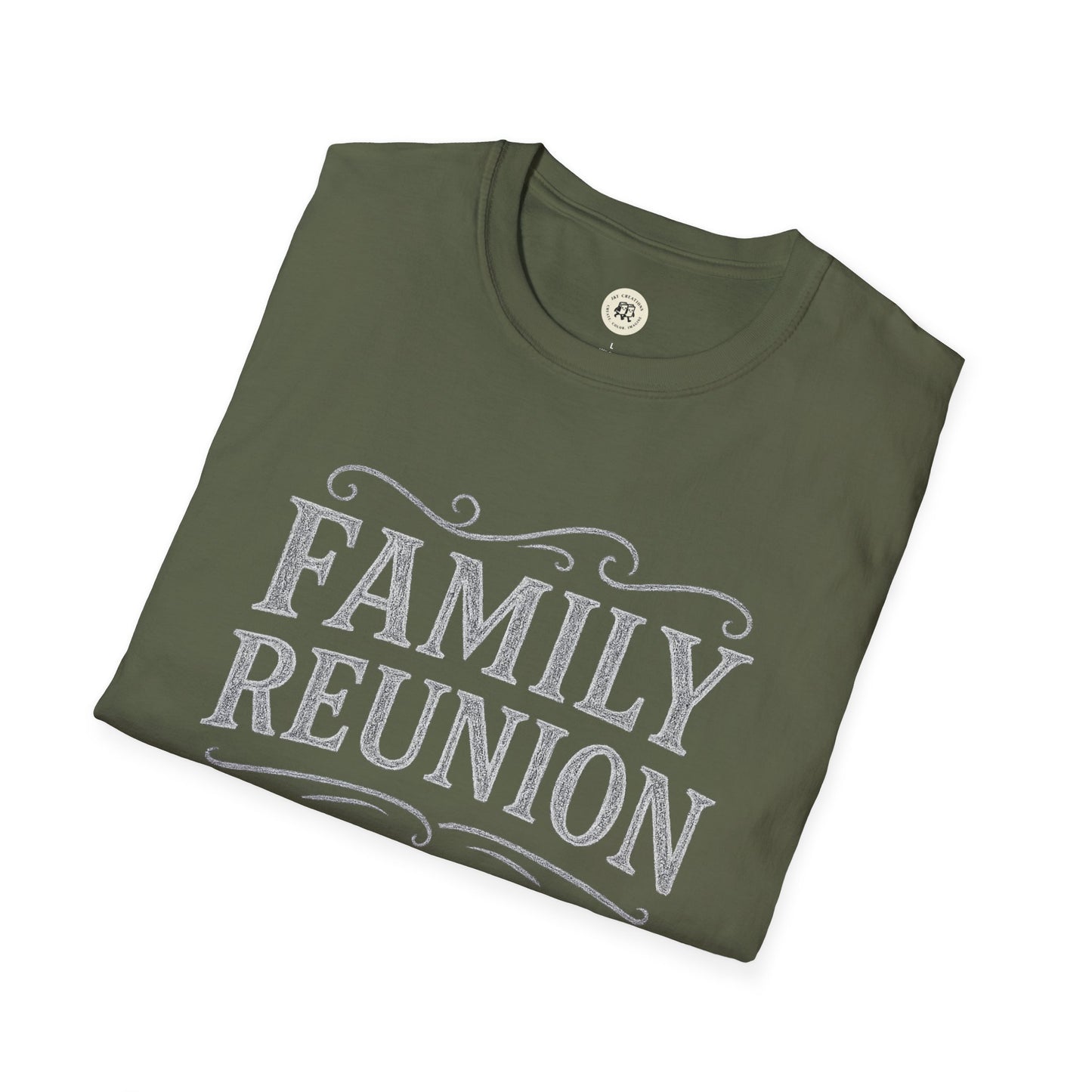 Folded olive green Printify family reunion t-shirt with white decorative text design