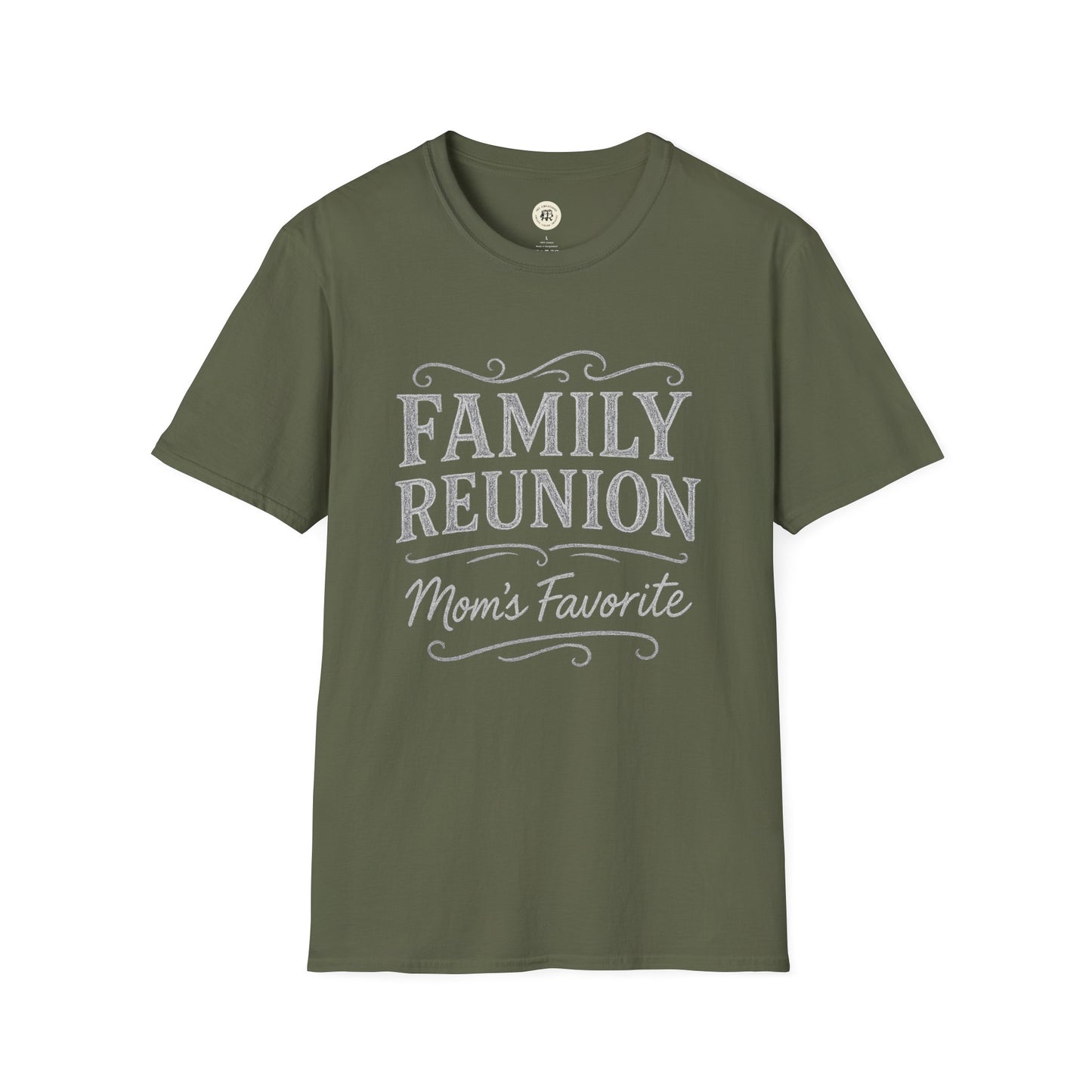 Printify olive green family reunion t-shirt with Mom's Favorite slogan in white text