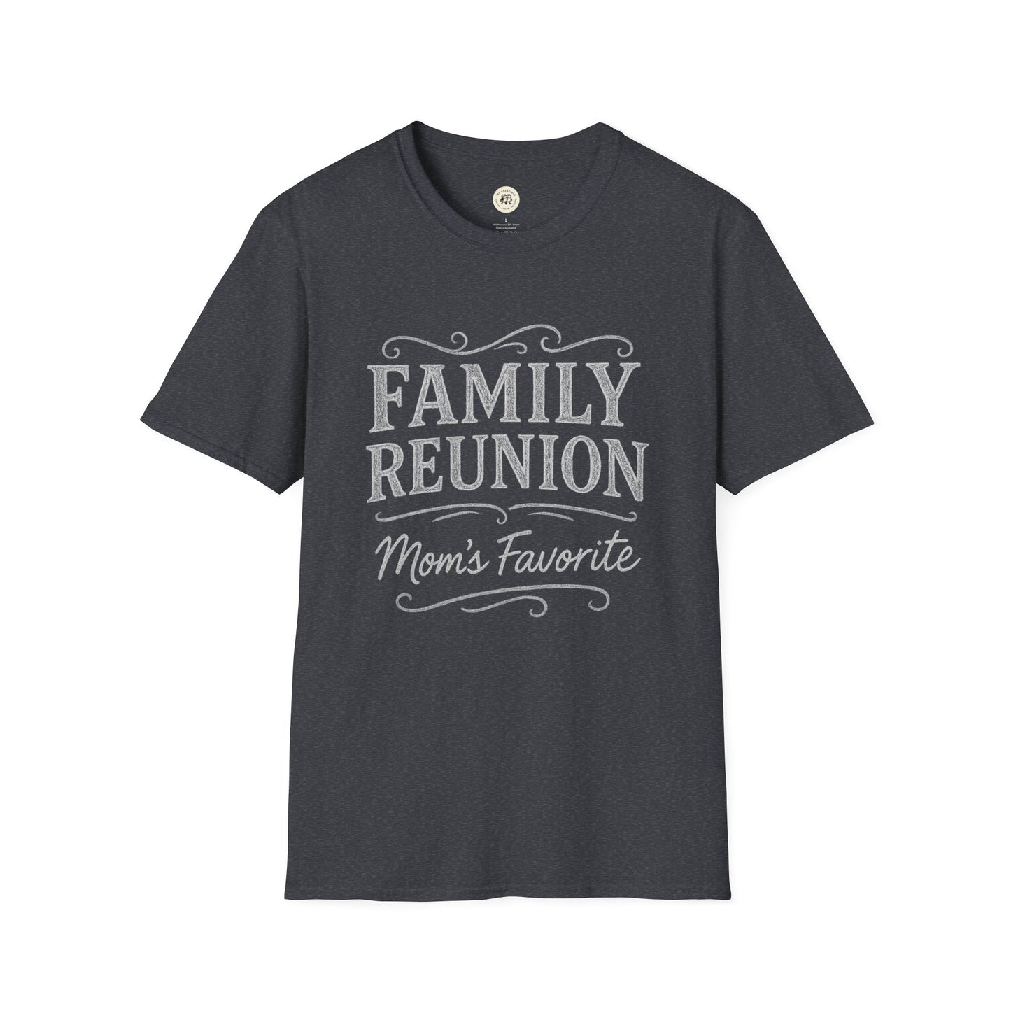 Black Printify family reunion t-shirt with white text saying Family Reunion Moms Favorite