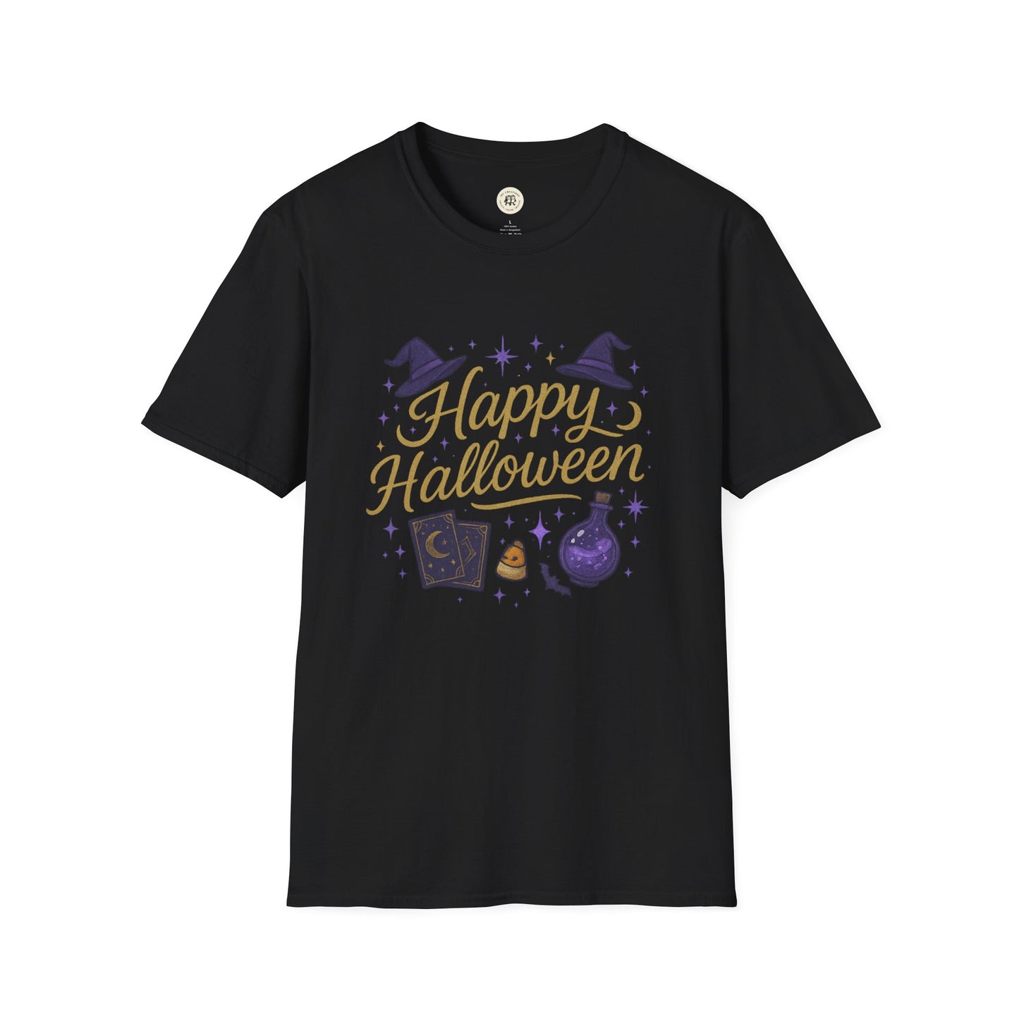 Black Happy Halloween shirt with gold text and purple witch hats and potion graphics