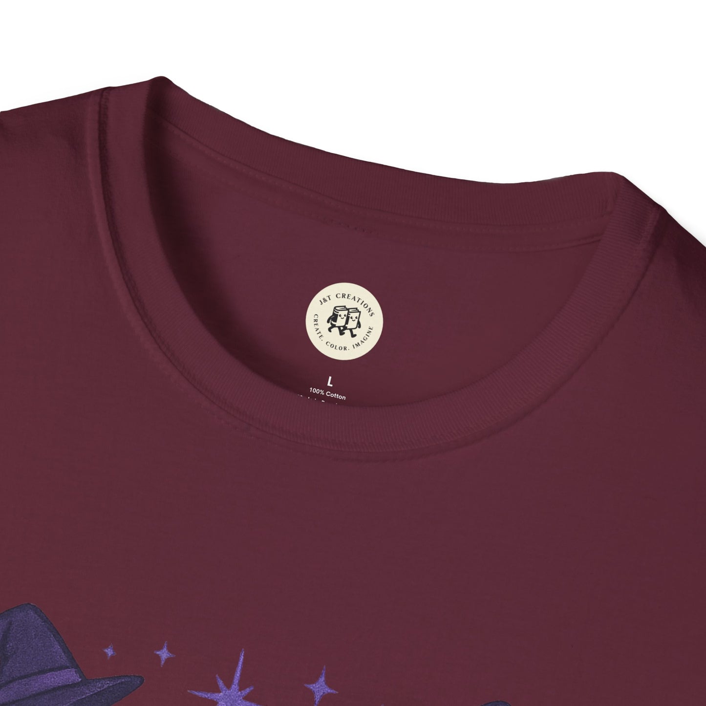 Maroon Printify Happy Halloween shirt with a round neckline and Halloween-themed design
