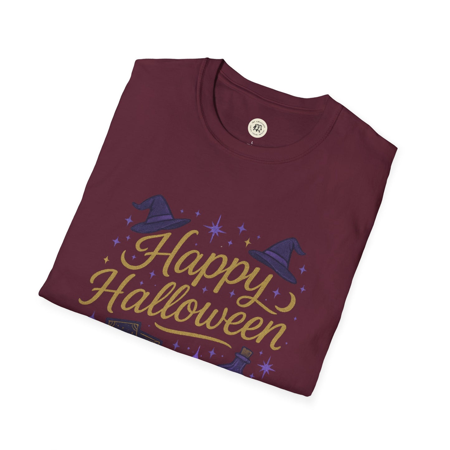 Maroon Happy Halloween shirt with witch hats and magical stars design from Printify