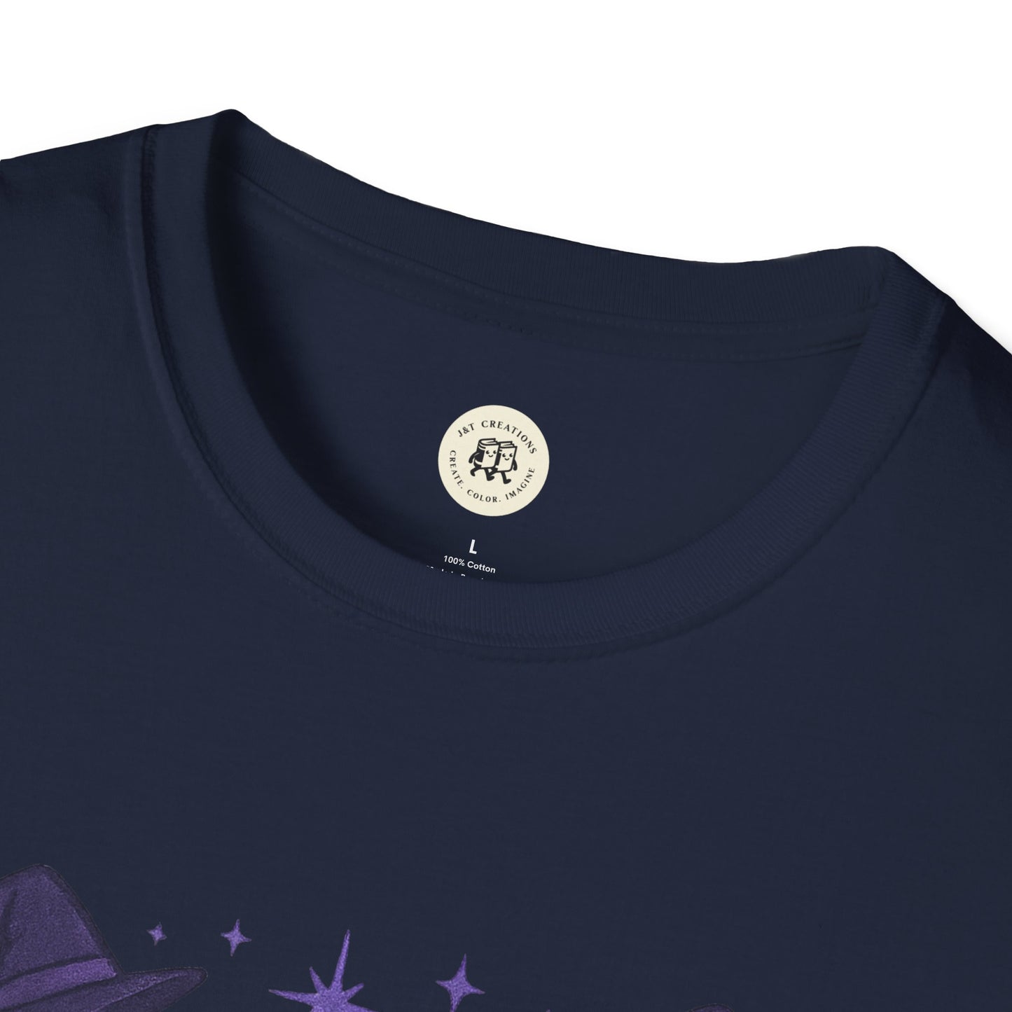Close-up of navy blue Happy Halloween shirt with round neckline by Printify