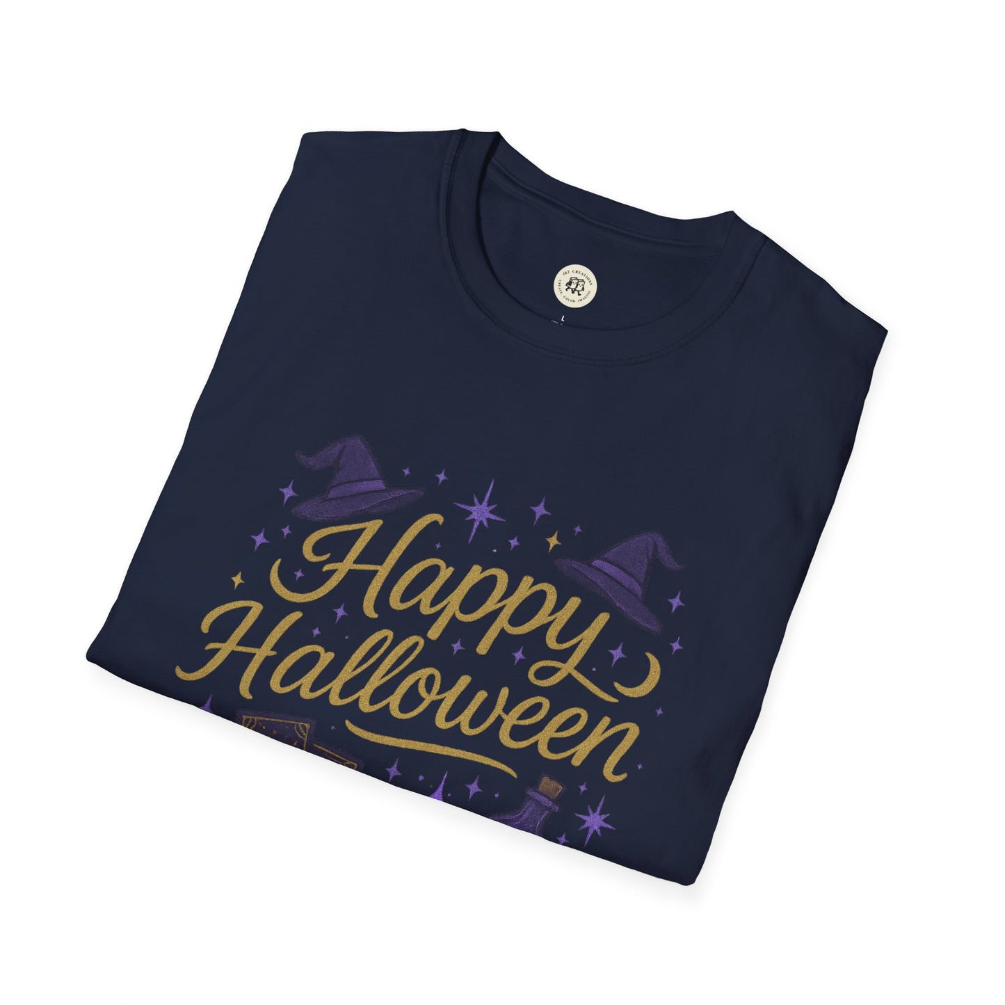 Navy blue Happy Halloween shirt with gold lettering and purple witch hat design from Printify