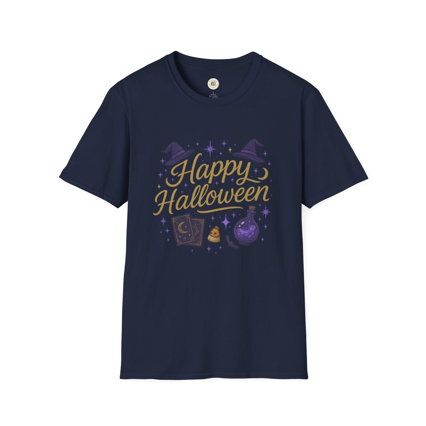 Printify navy t-shirt with Happy Halloween shirt gold text and witch-themed illustrations