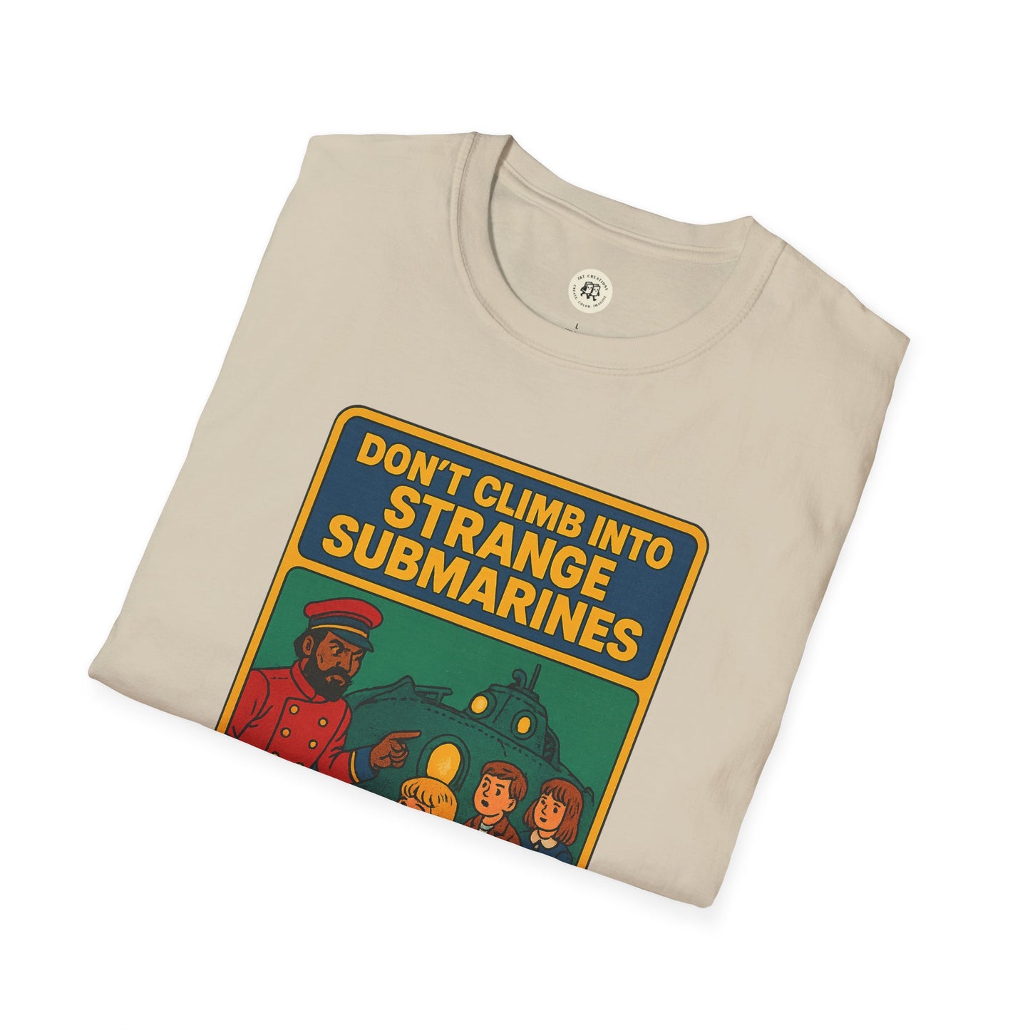 Printify beige Captain Nemo graphic t-shirt for kids with colorful submarine illustration