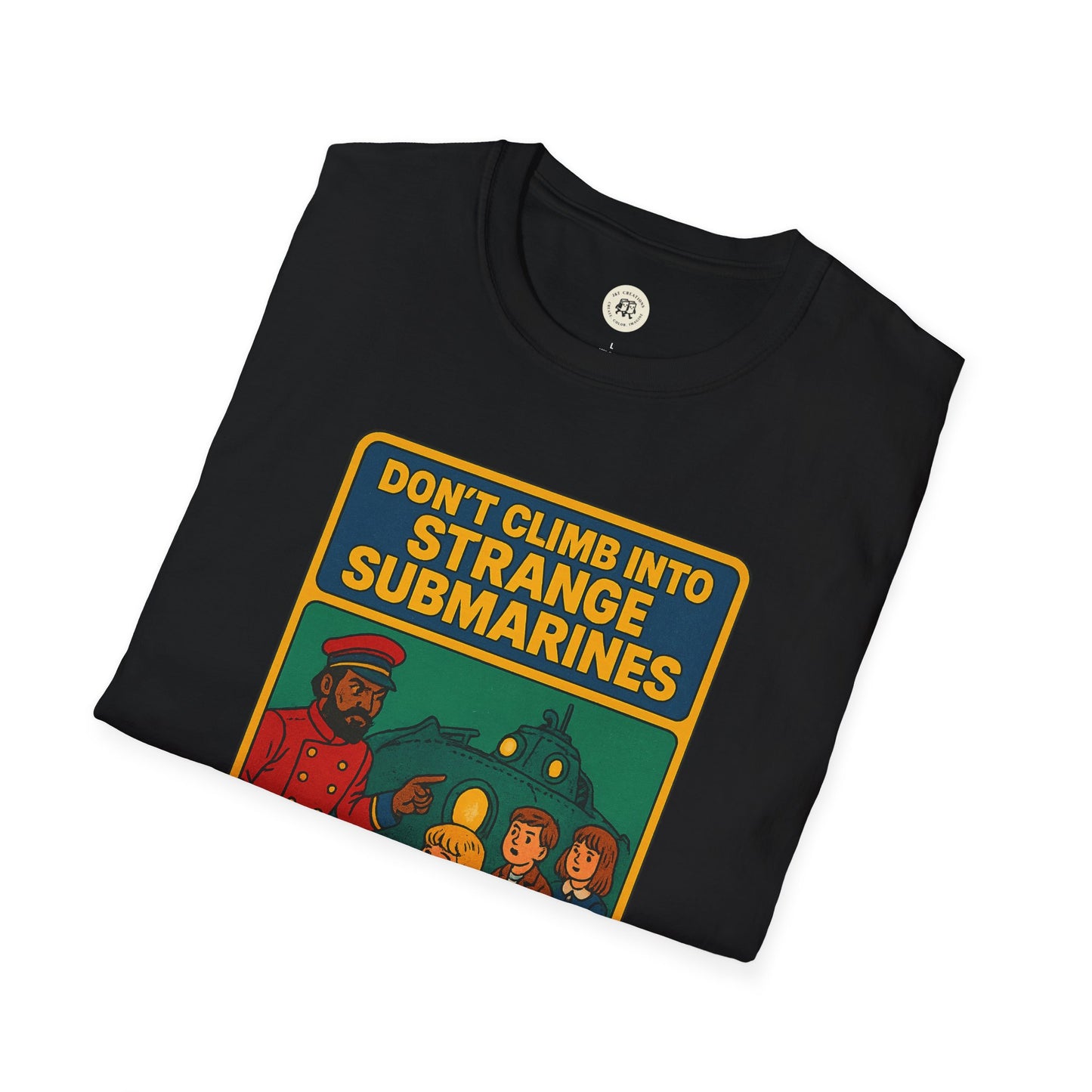 Printify black Captain Nemo graphic t-shirt for kids with colorful submarine design and text