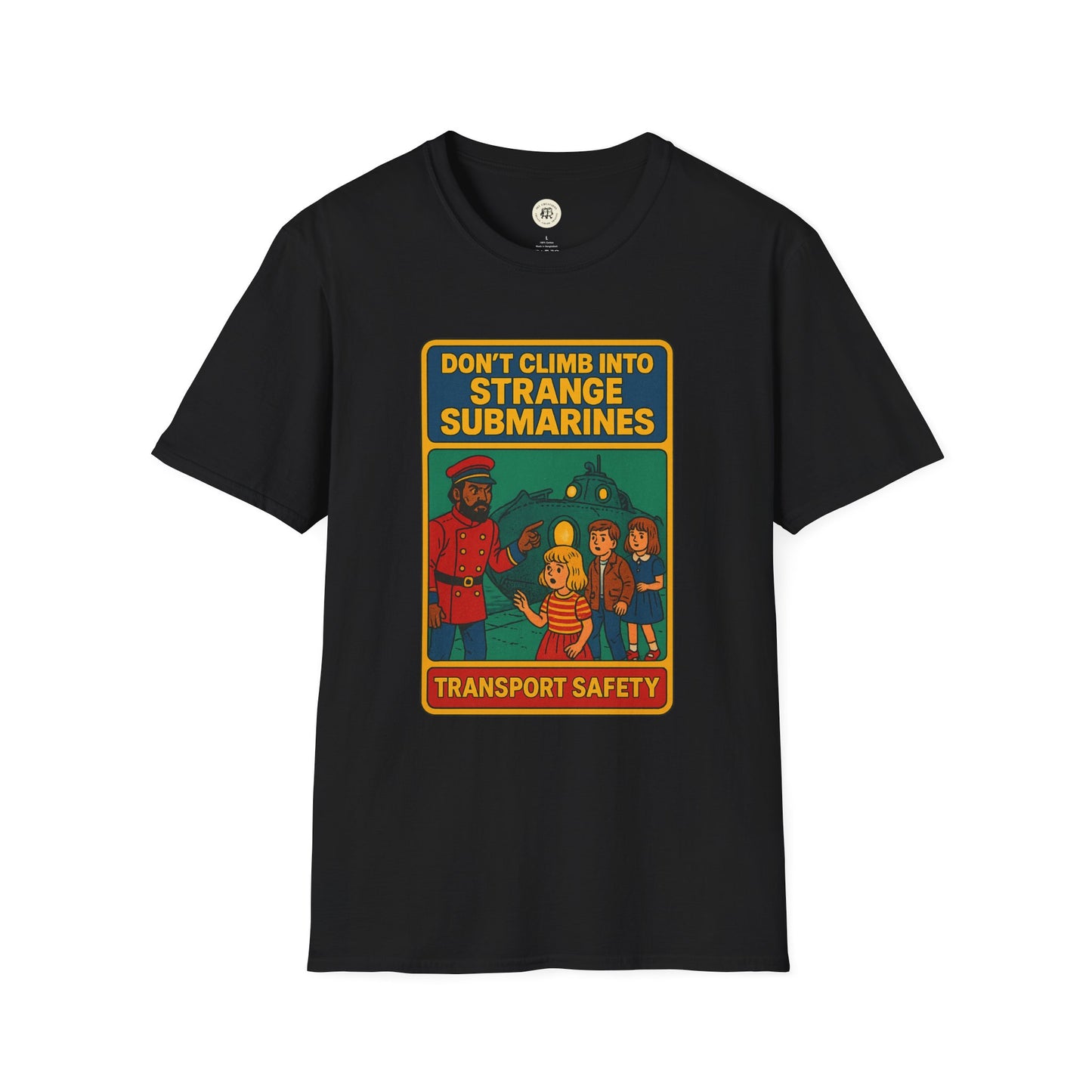 Black Printify Captain Nemo graphic t-shirt for kids with vintage submarine safety design