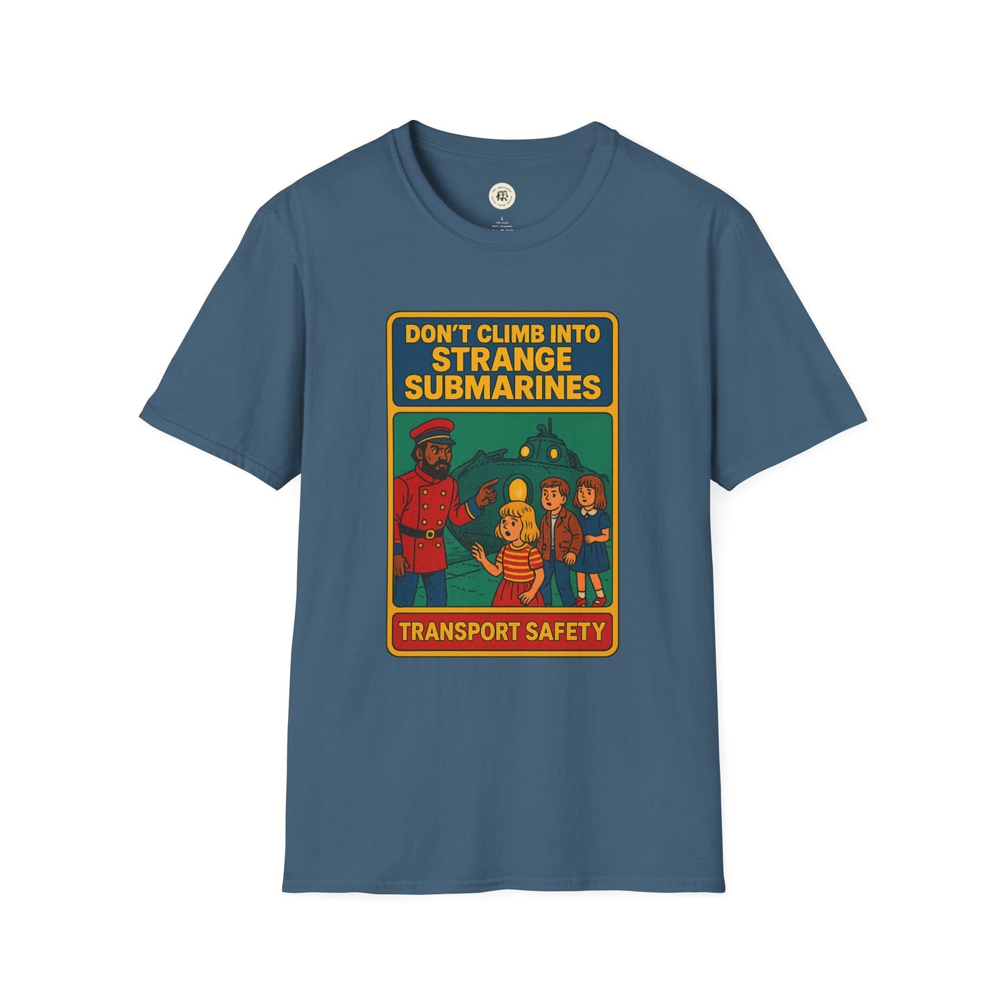 Printify Captain Nemo graphic t-shirt for kids with colorful submarine safety design on blue fabric