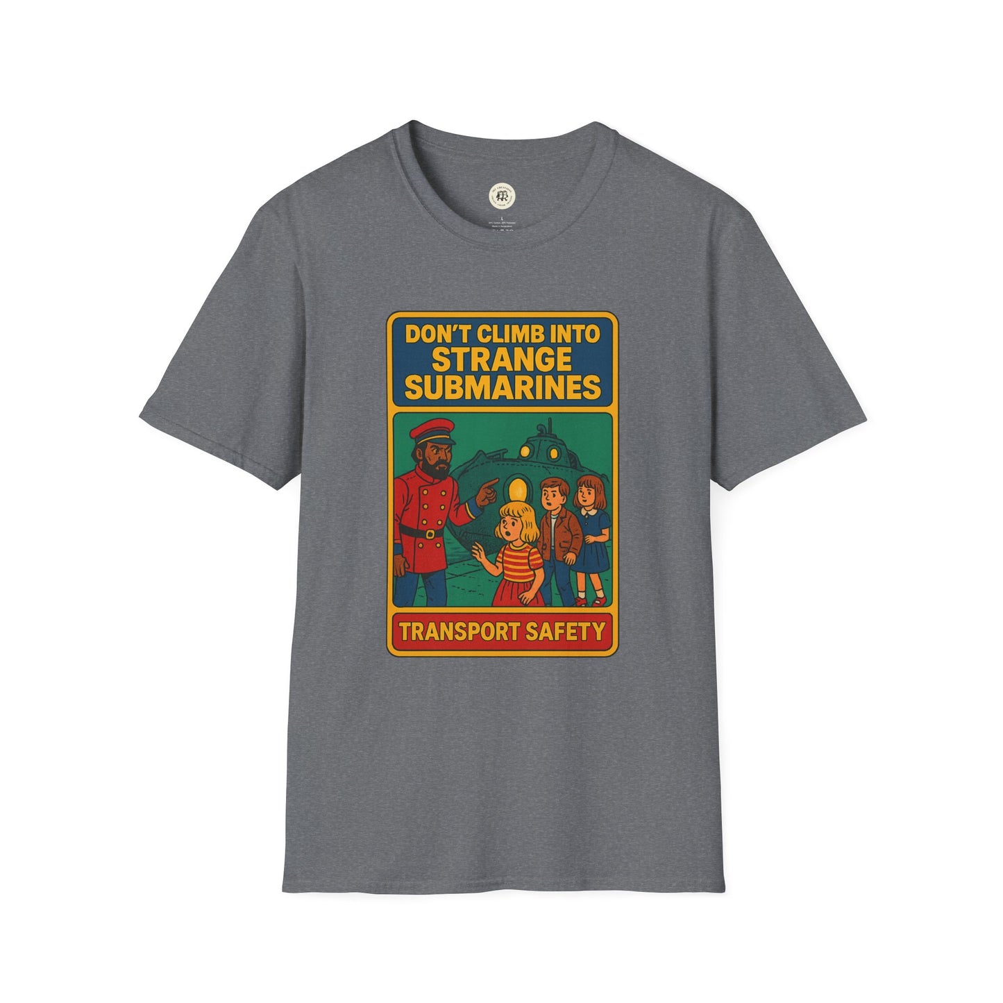 Captain Nemo graphic t-shirt for kids with submarine safety design in red and yellow on gray Printify tee