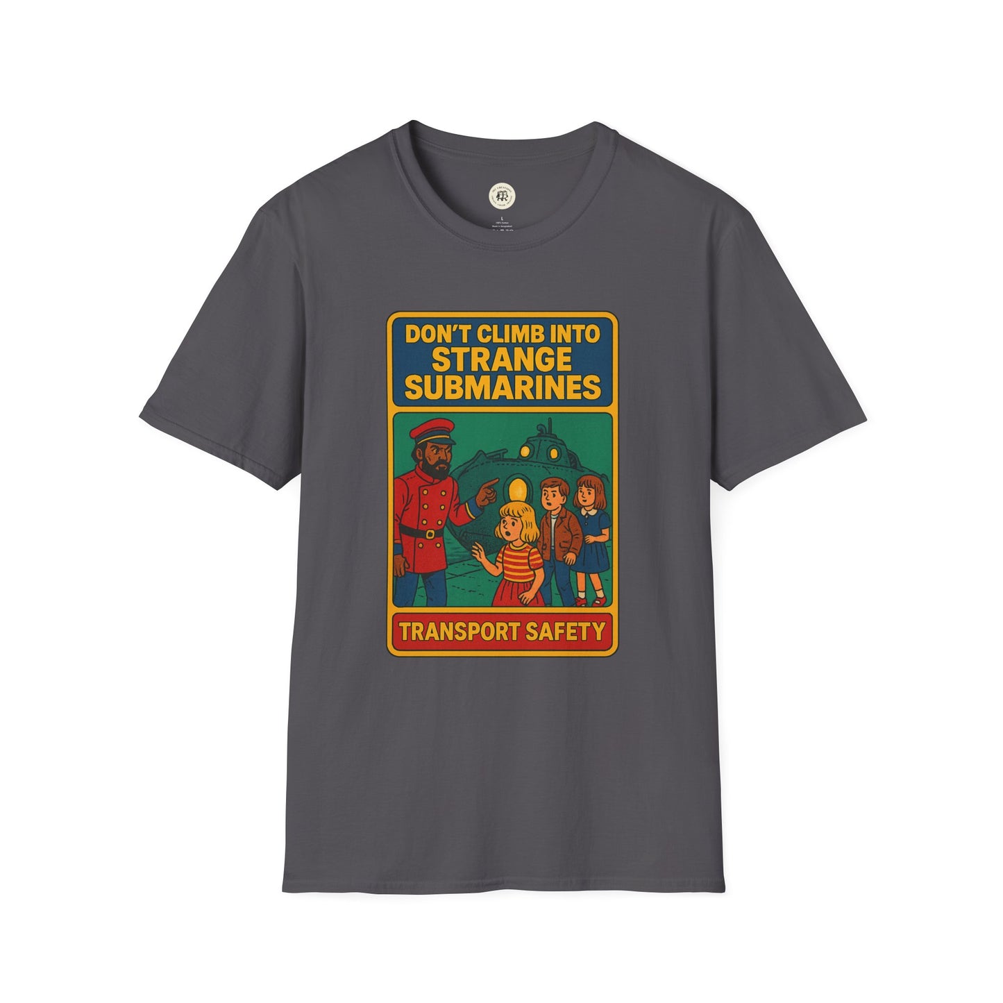 Captain Nemo graphic t-shirt for kids with vintage submarine safety design on gray Printify shirt
