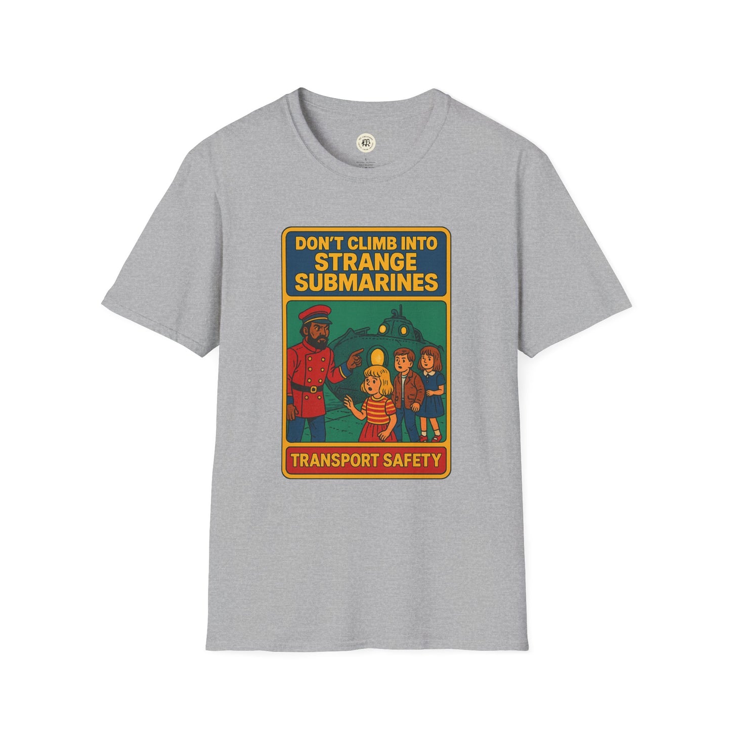 Printify Captain Nemo graphic t-shirt for kids with vintage submarine safety design on gray fabric