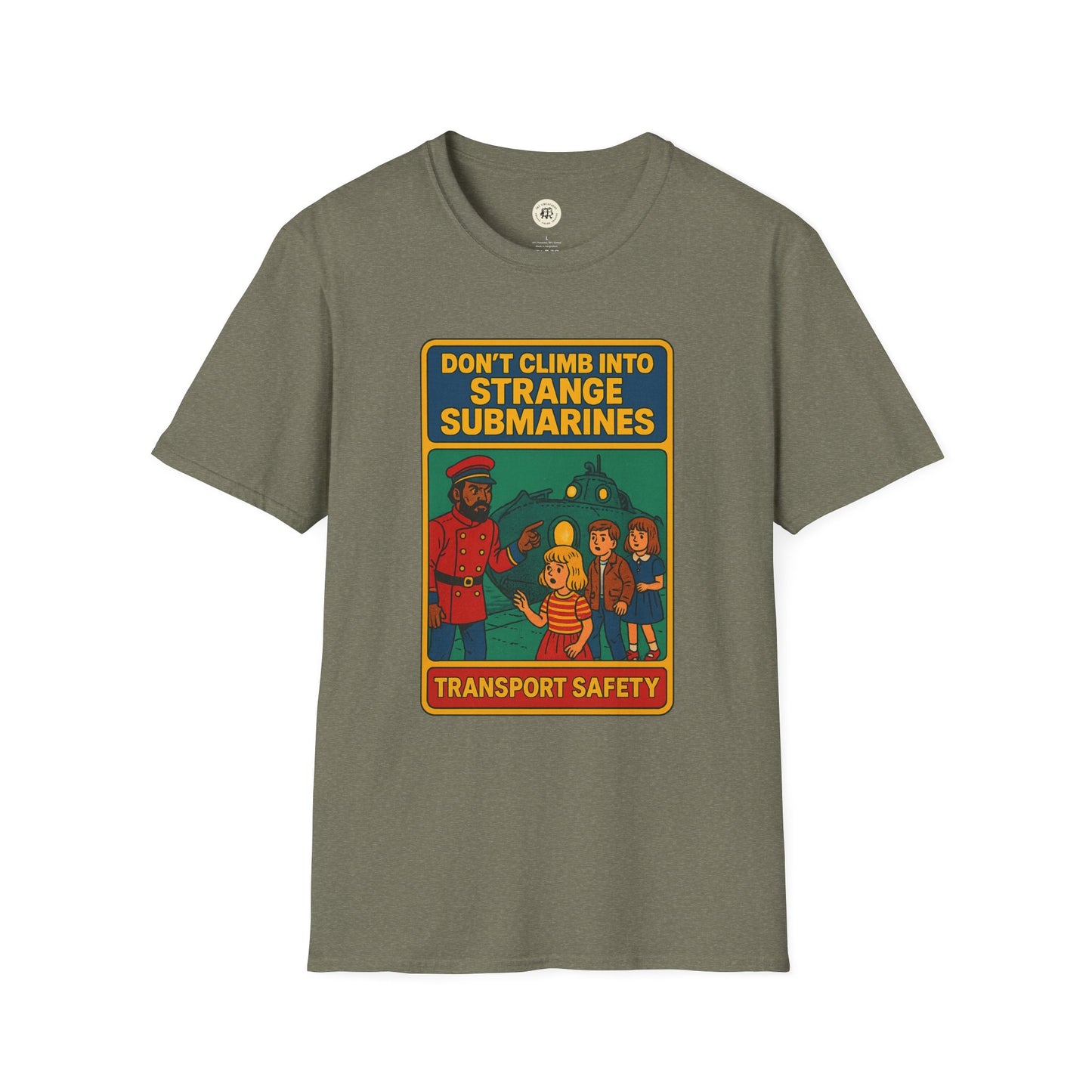 Captain Nemo graphic t-shirt for kids with vintage submarine safety design on olive green Printify shirt