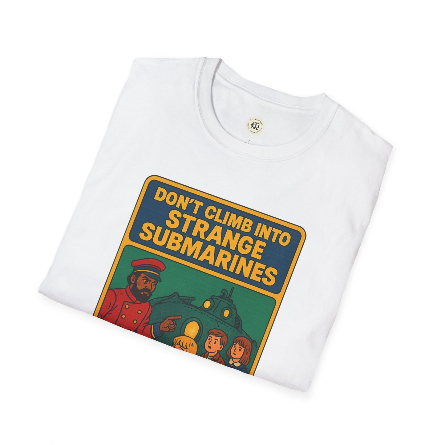 White Captain Nemo graphic t-shirt for kids featuring colorful vintage submarine design