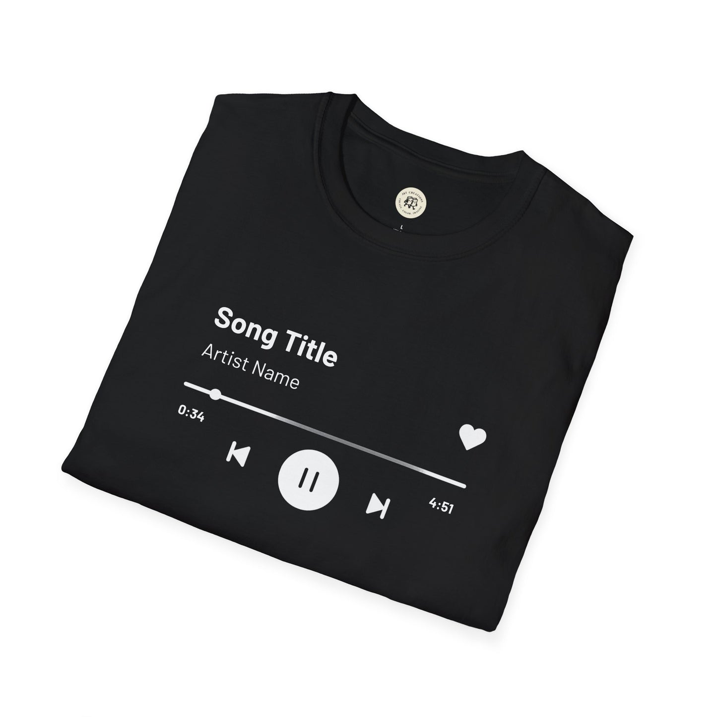 Black Printify custom music player t-shirt featuring song title and playback controls design