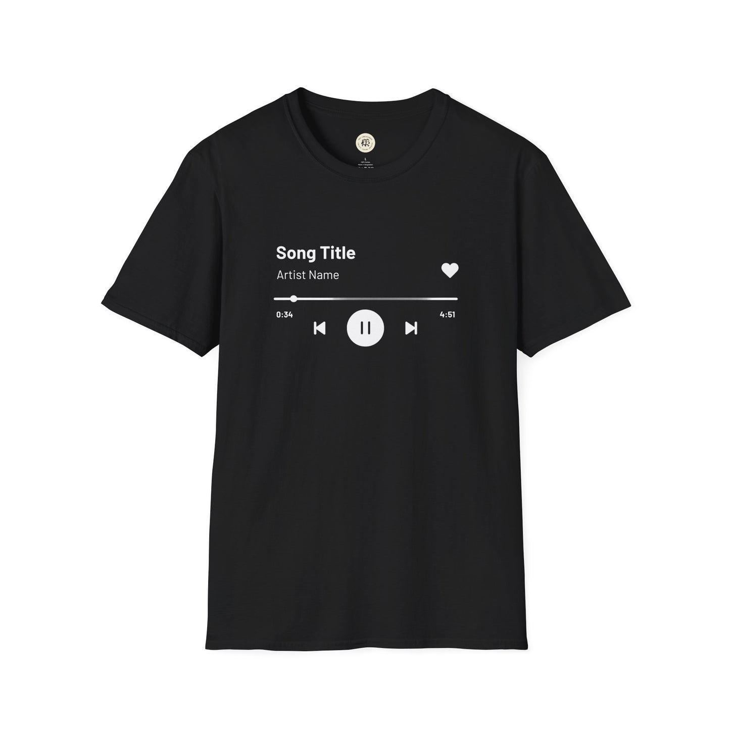 Black custom music player t-shirt with white music control icons and song title design