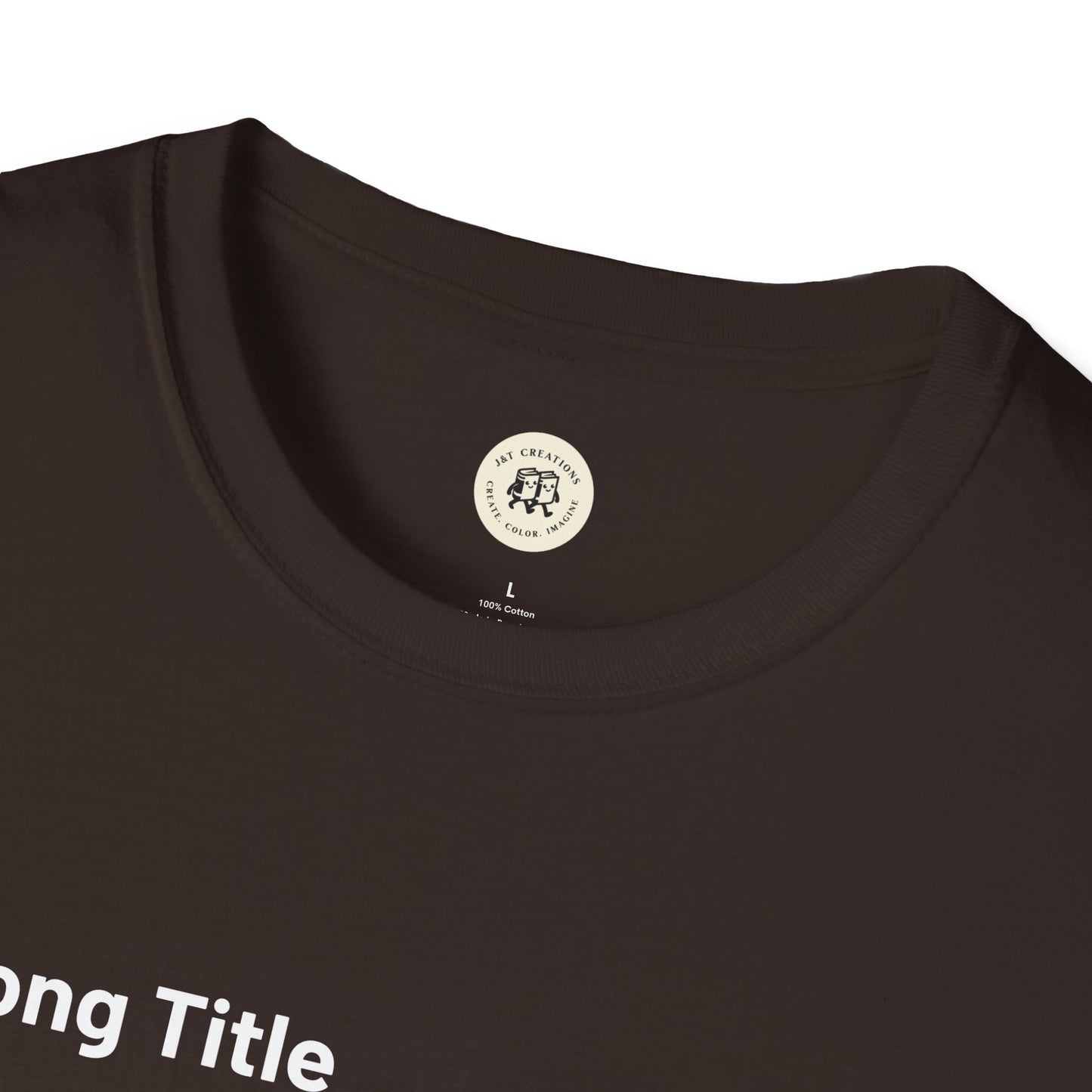 Close-up of black Printify custom music player t-shirt collar and tag showing size large