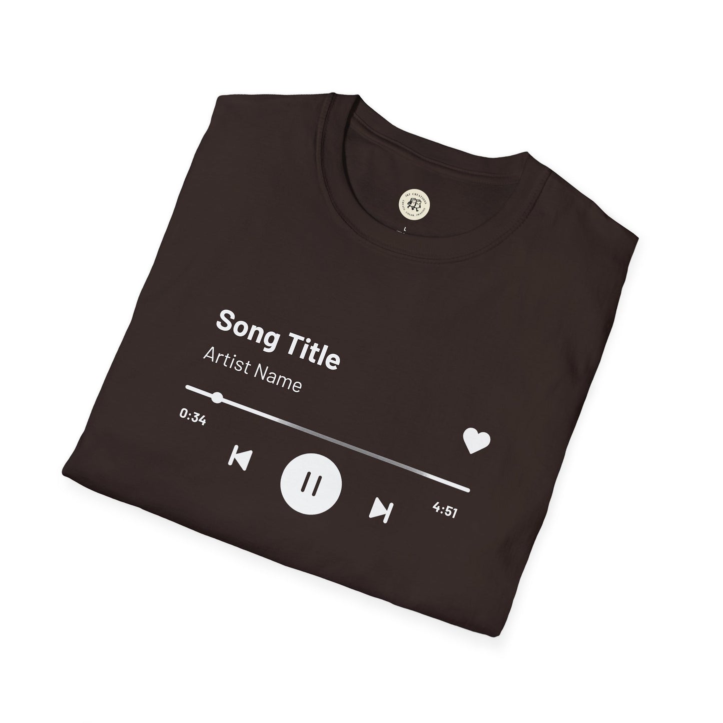 Black custom music player t-shirt with white song title and playback controls printed on front by Printify
