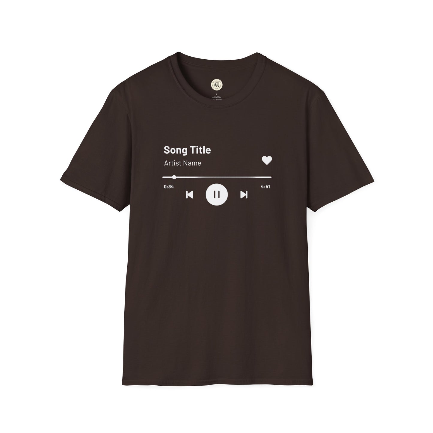 Printify black custom music player t-shirt with song title and music control graphic on front