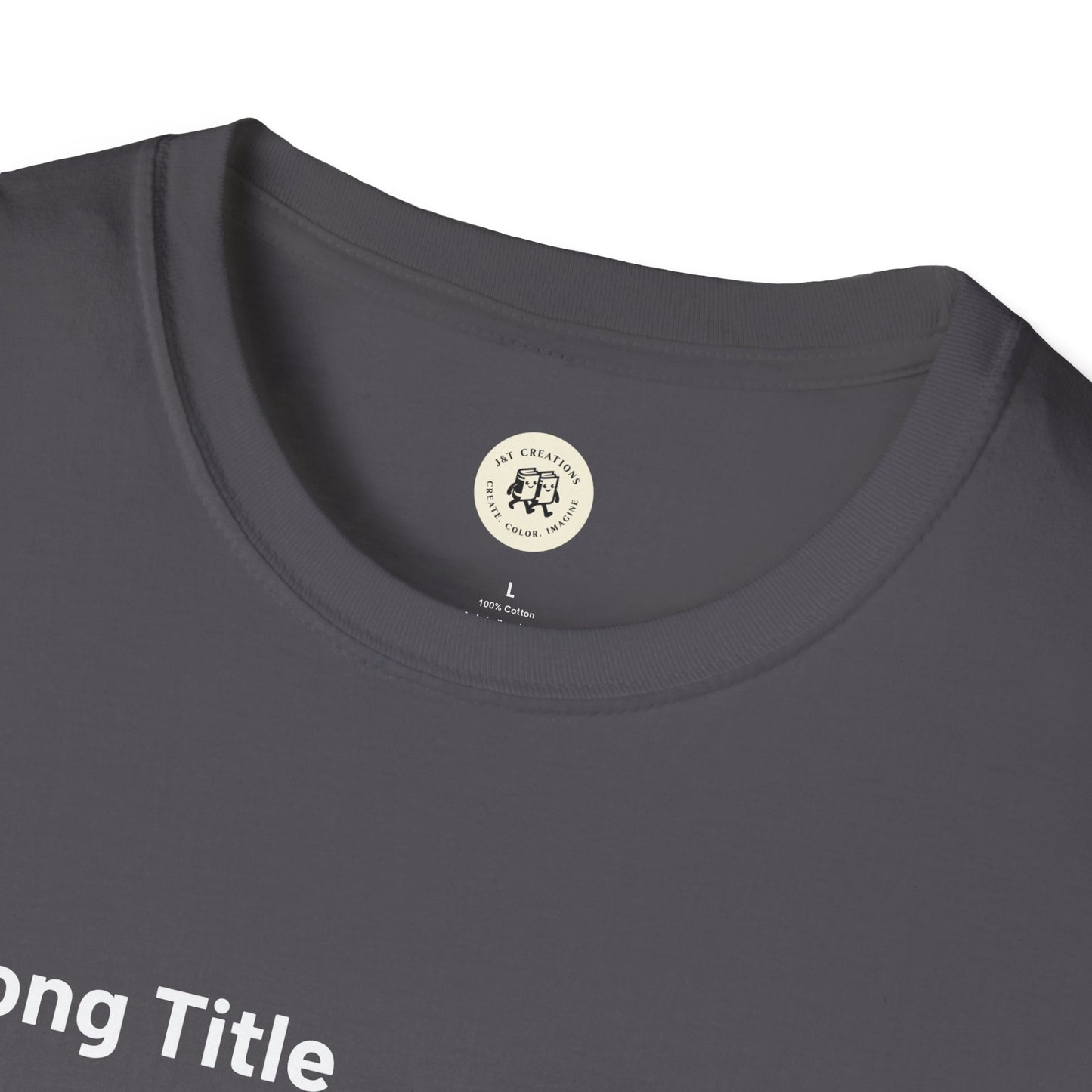 Close-up of dark gray Printify custom music player t-shirt neckline and collar design