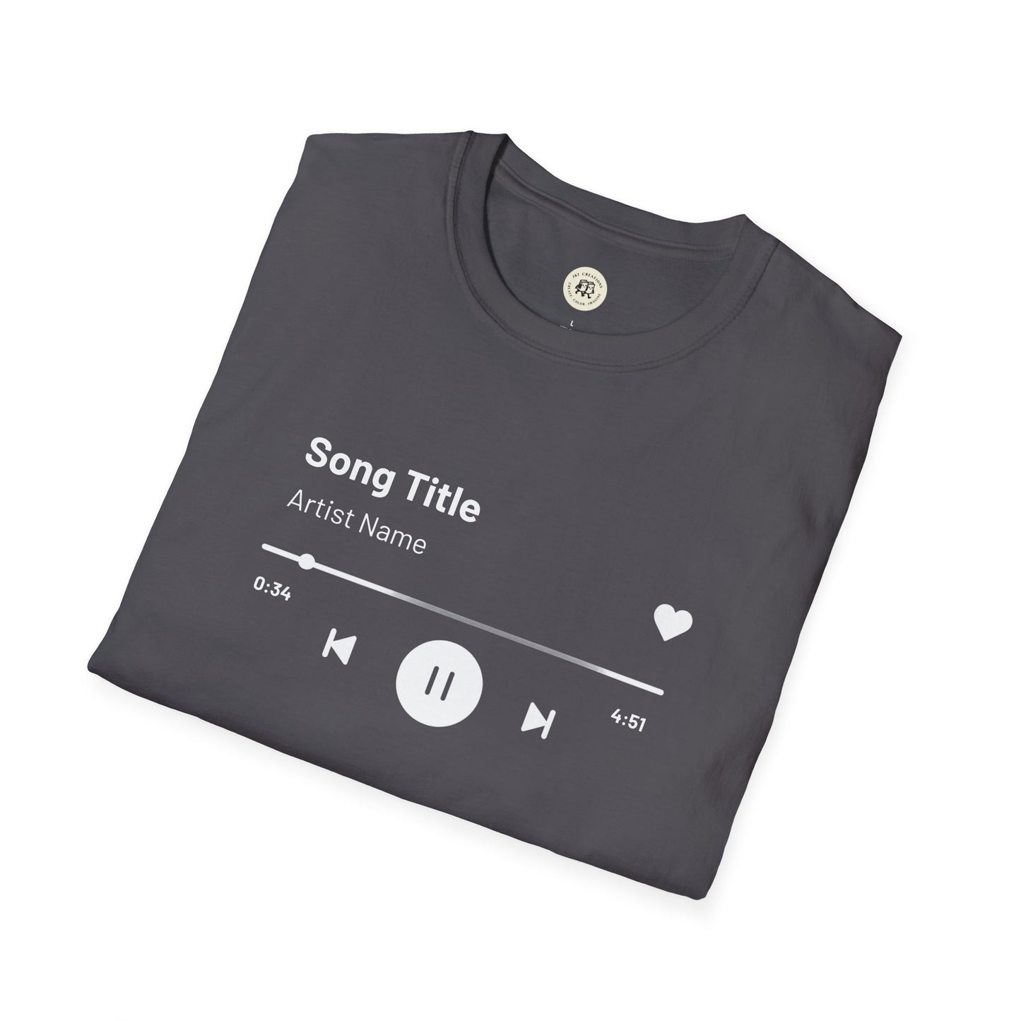 Printify custom music player t-shirt in black with white music player design and playback controls