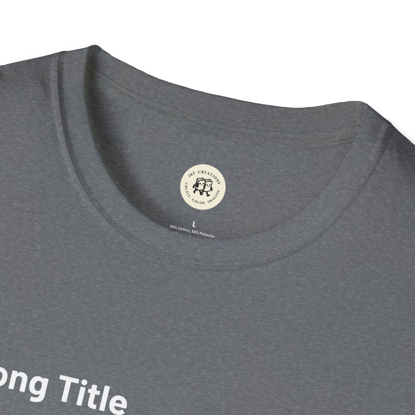 Close-up of gray custom music player t-shirt neckline and fabric by Printify in size large