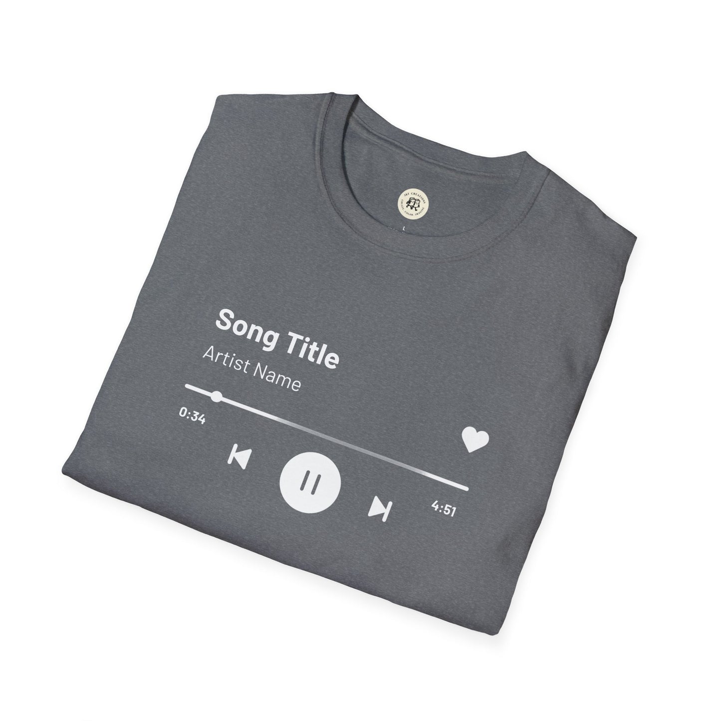 Gray Printify custom music player t-shirt with song title and playback controls design