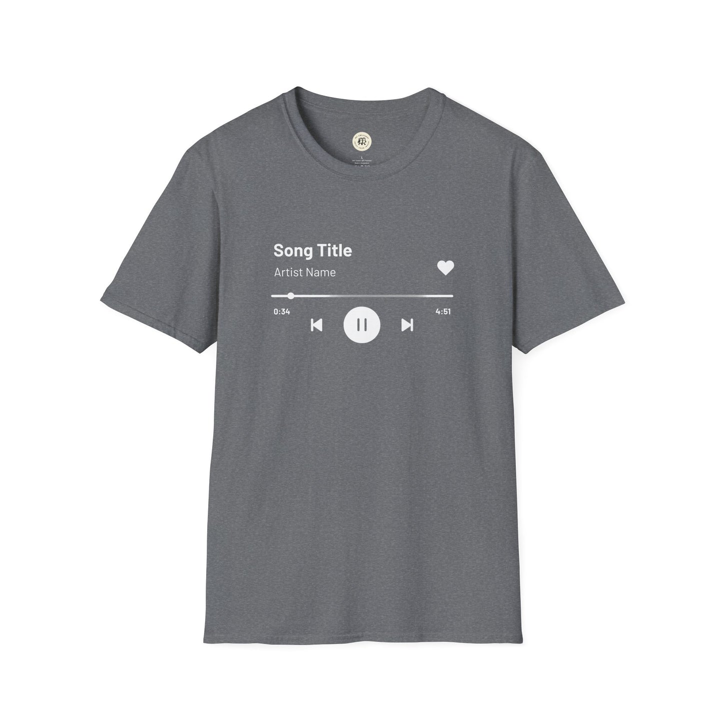 Gray Printify custom music player t-shirt with white minimalist music player design on front