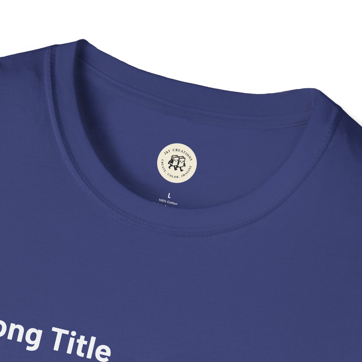 Close-up of navy blue Printify custom music player t-shirt with round neckline and white text