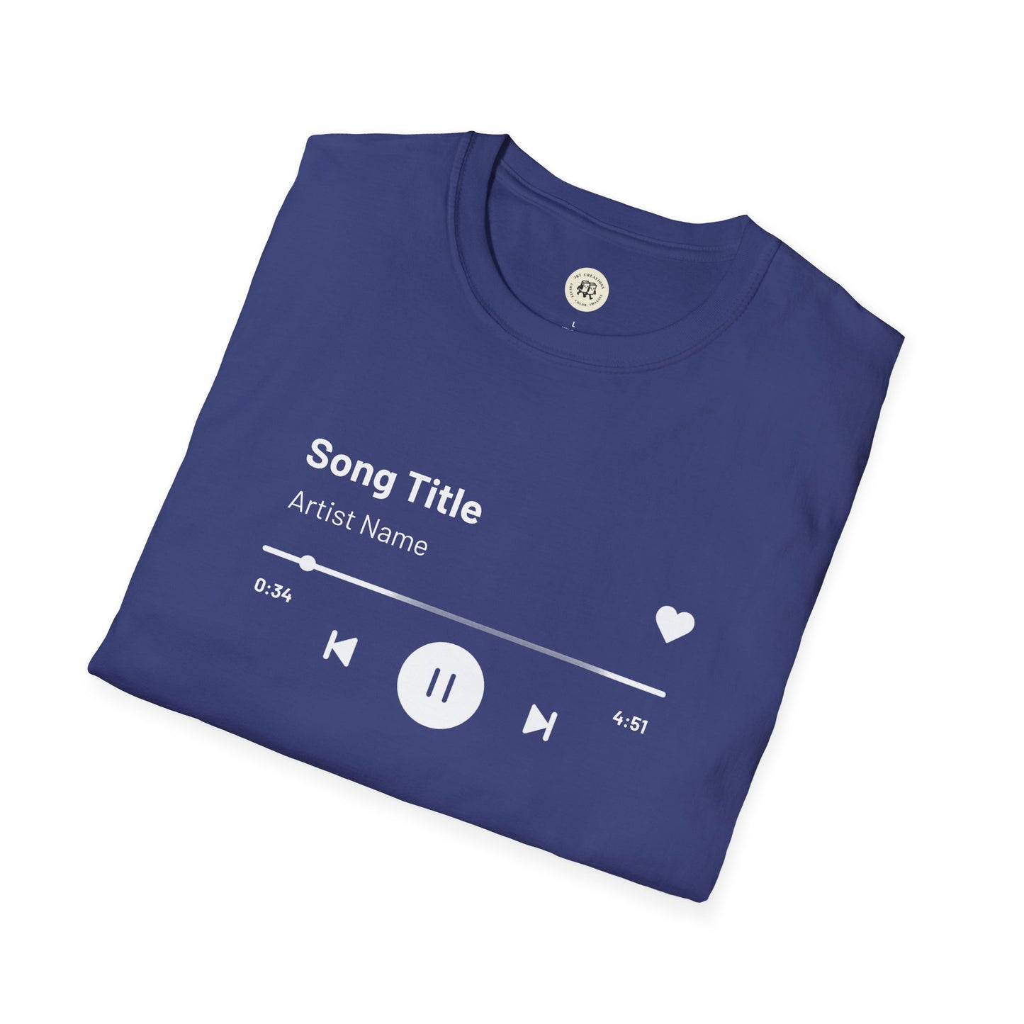 Navy blue Printify custom music player t-shirt with white music playback graphic and controls