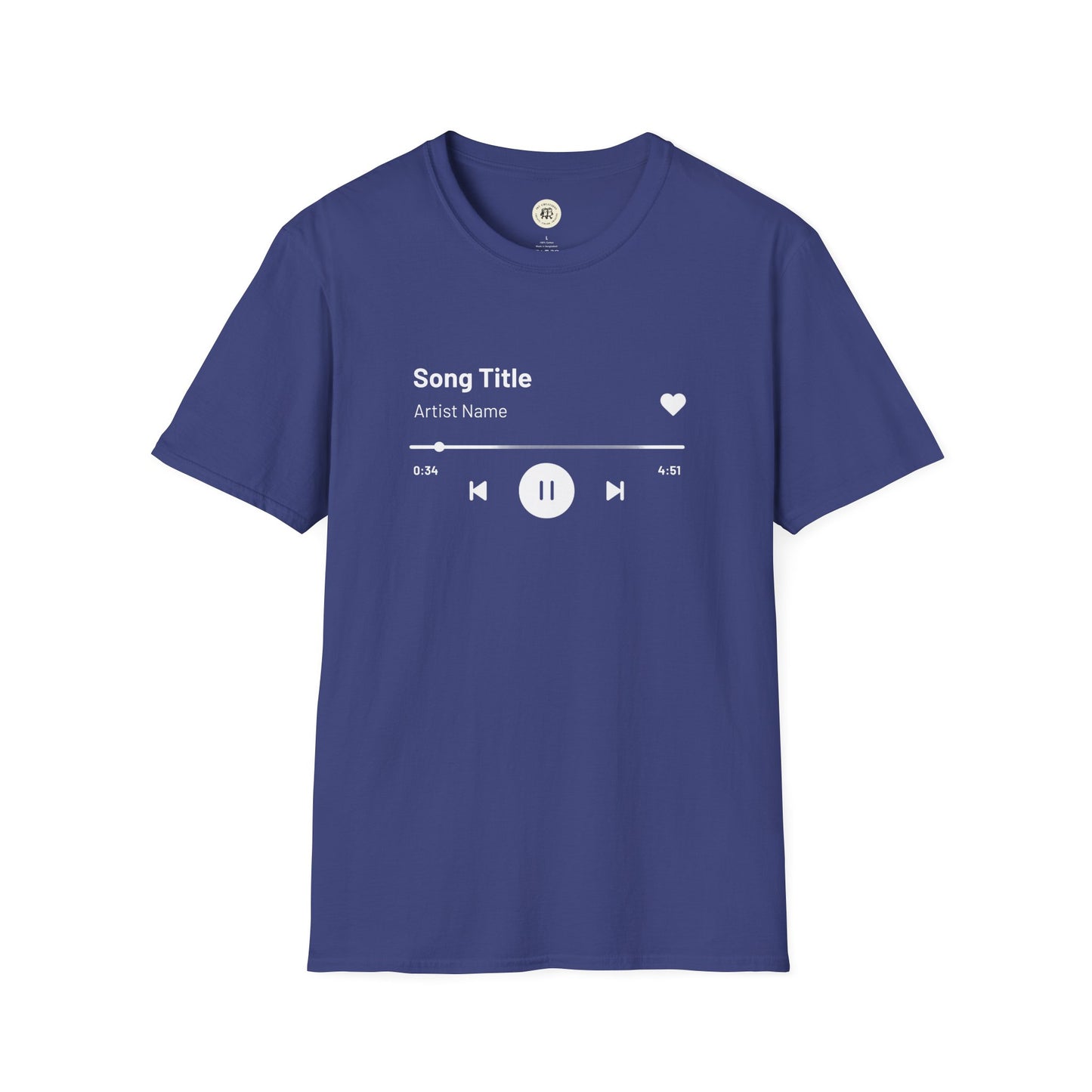 Printify custom music player t-shirt in navy blue with white song title and playback controls design