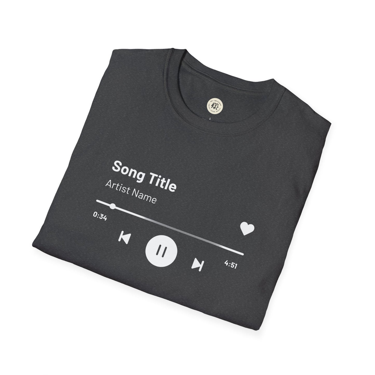 Black custom music player t-shirt from Printify featuring a song title and playback controls design