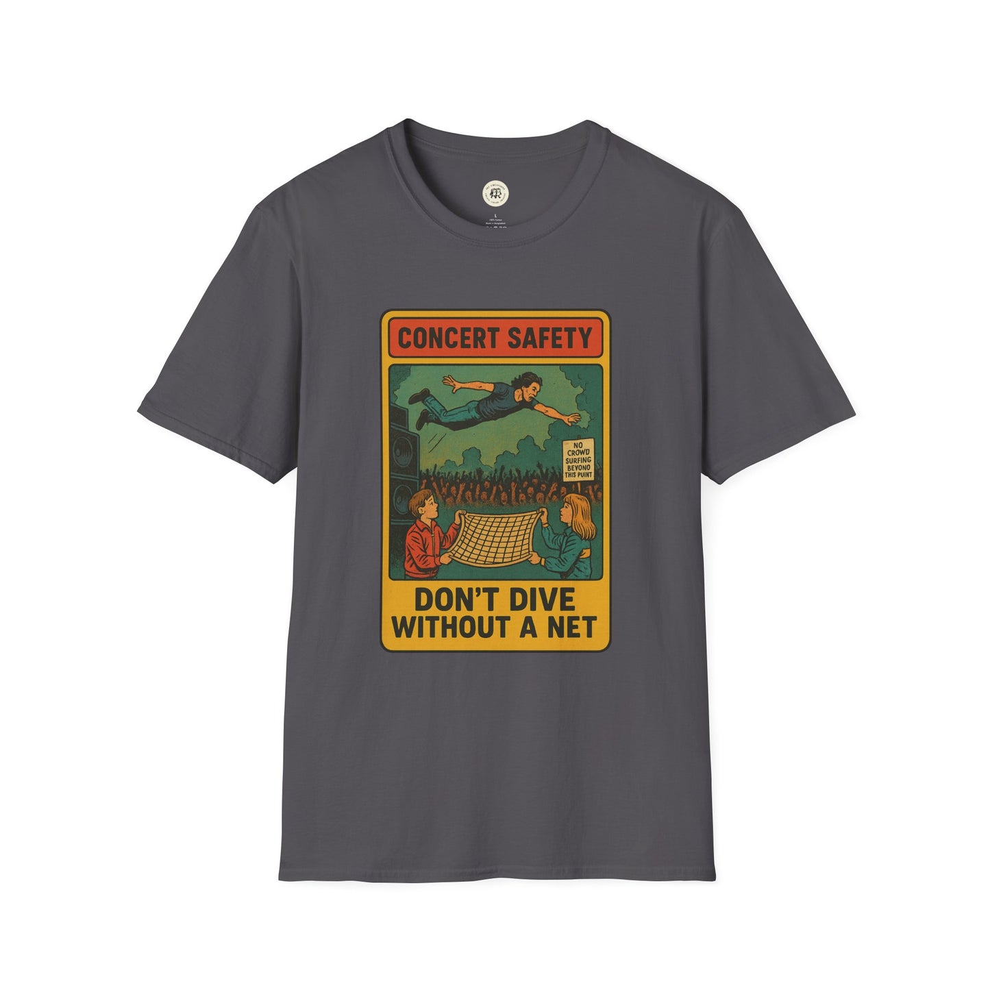 Printify gray Pearl Jam crowd surfing tee with concert safety graphic and net design