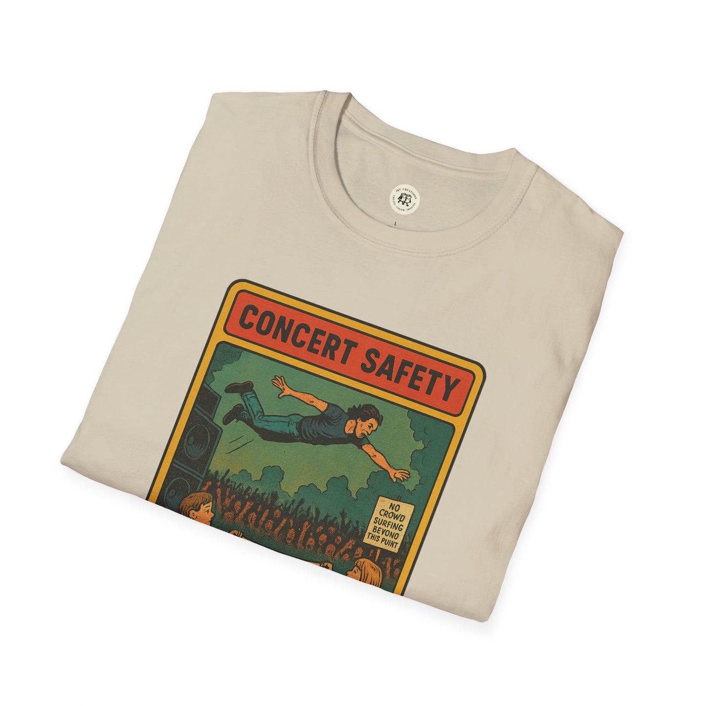 Printify beige Pearl Jam crowd surfing tee with concert safety graphic folded