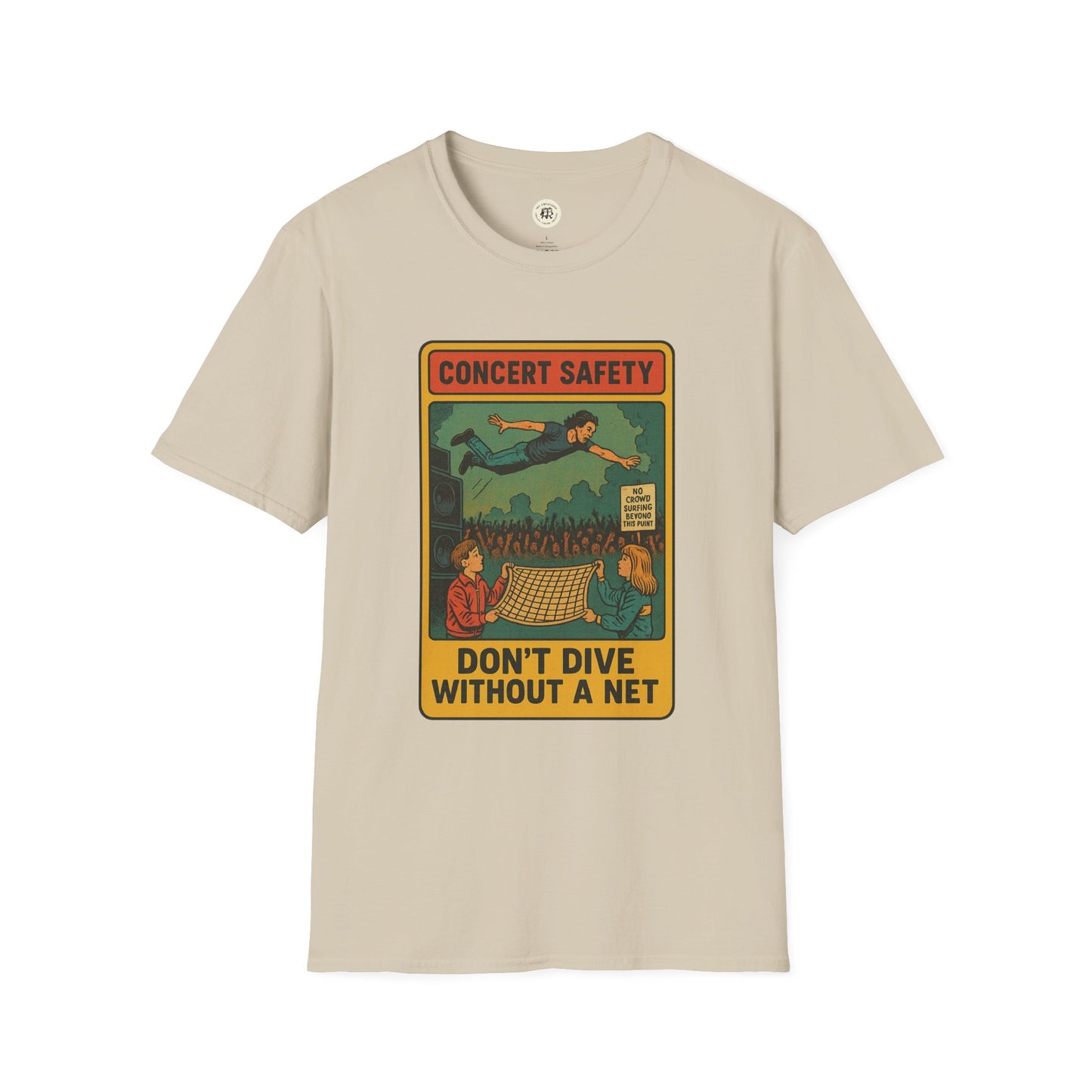 Printify beige T-shirt featuring Pearl Jam crowd surfing tee graphic with concert safety message