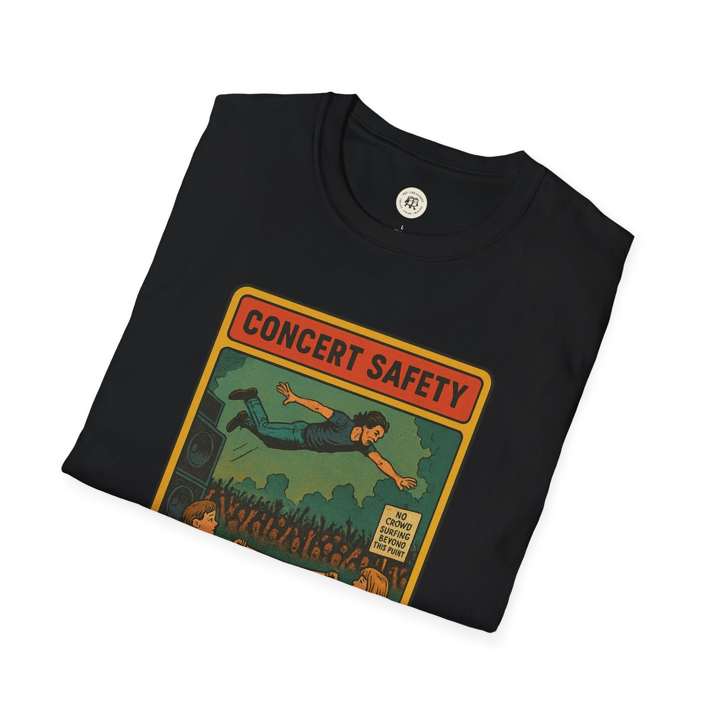 Black Pearl Jam crowd surfing tee with vintage concert safety graphic by Printify