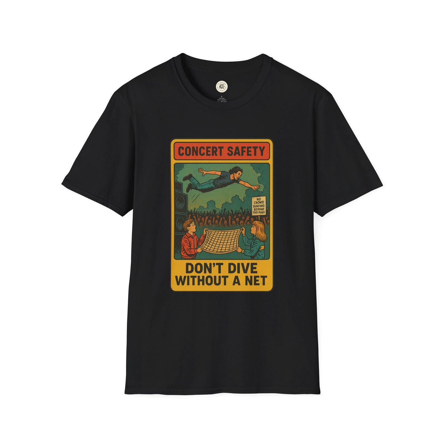 Black Pearl Jam crowd surfing tee with vintage concert safety graphic and warning text