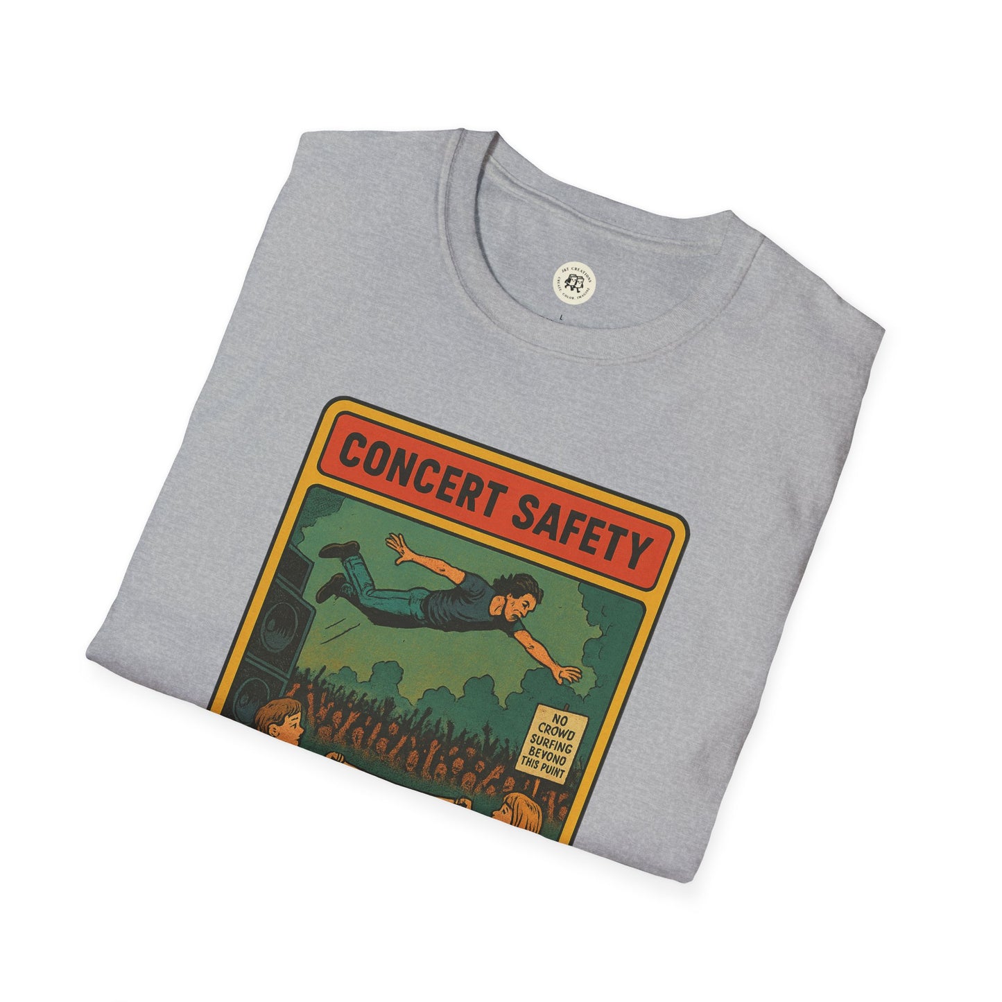 Gray Printify t-shirt featuring a colorful Pearl Jam crowd surfing tee graphic with concert safety theme