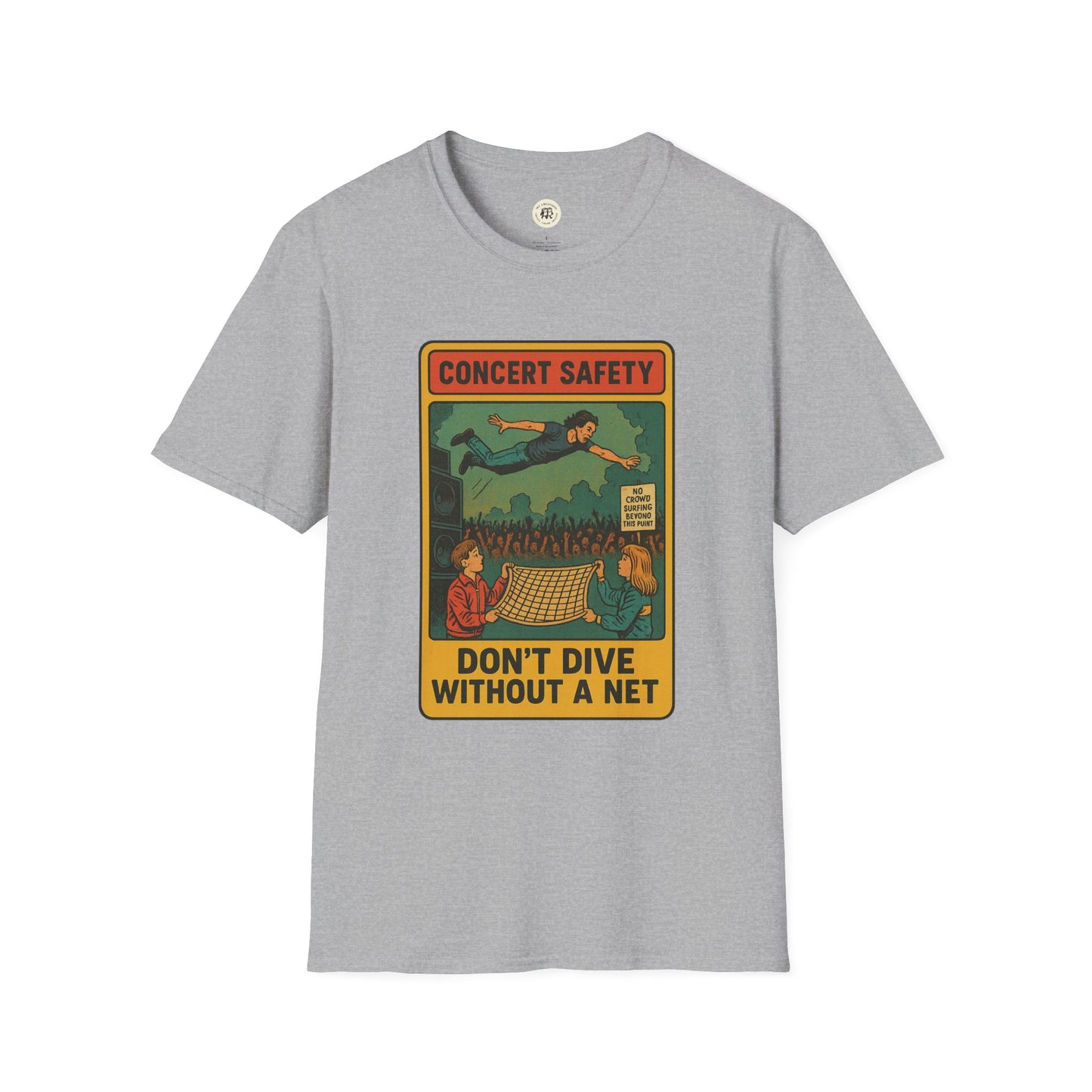 Printify gray Pearl Jam crowd surfing tee with vintage concert safety graphic and net design