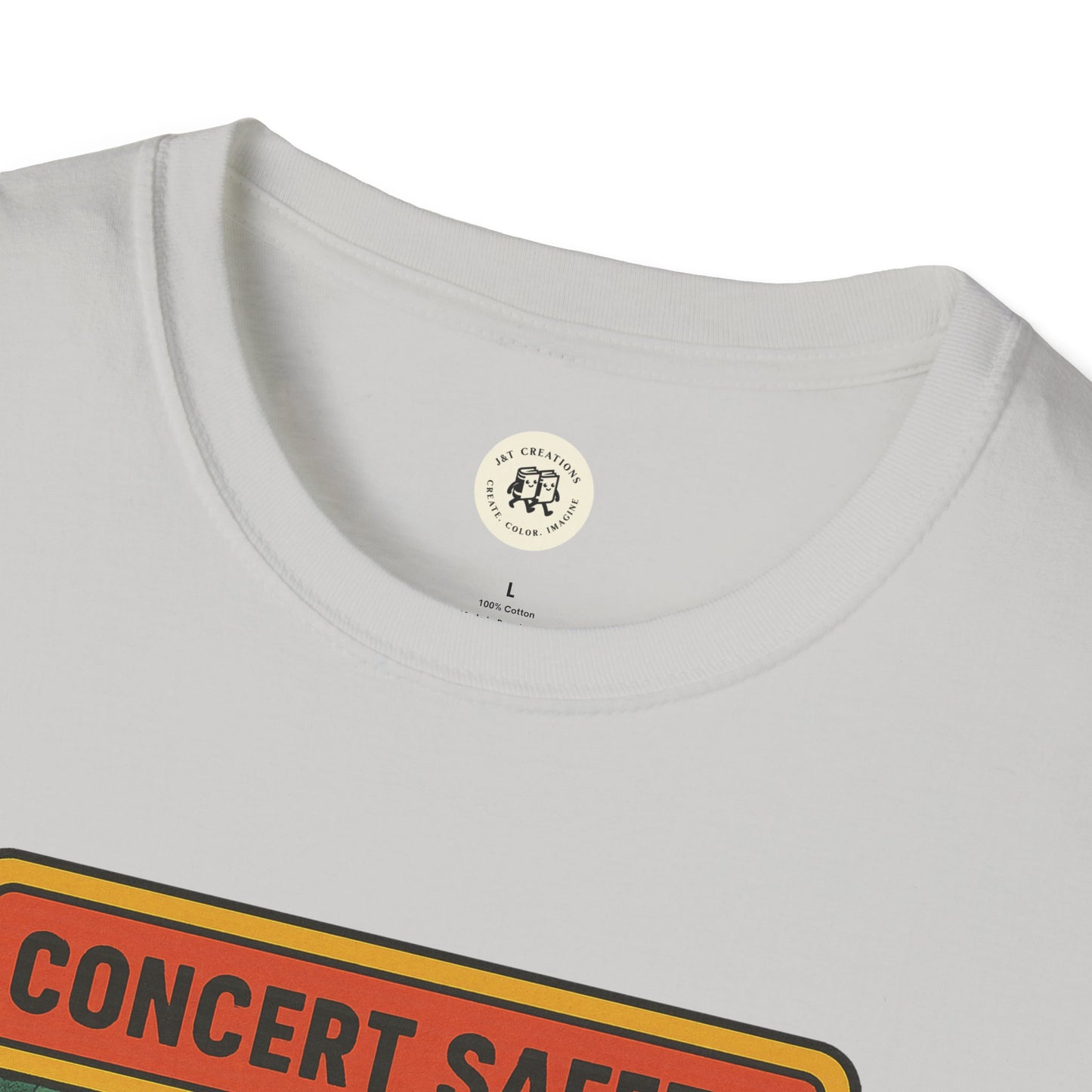 White Printify Pearl Jam crowd surfing tee featuring a concert safety sign graphic