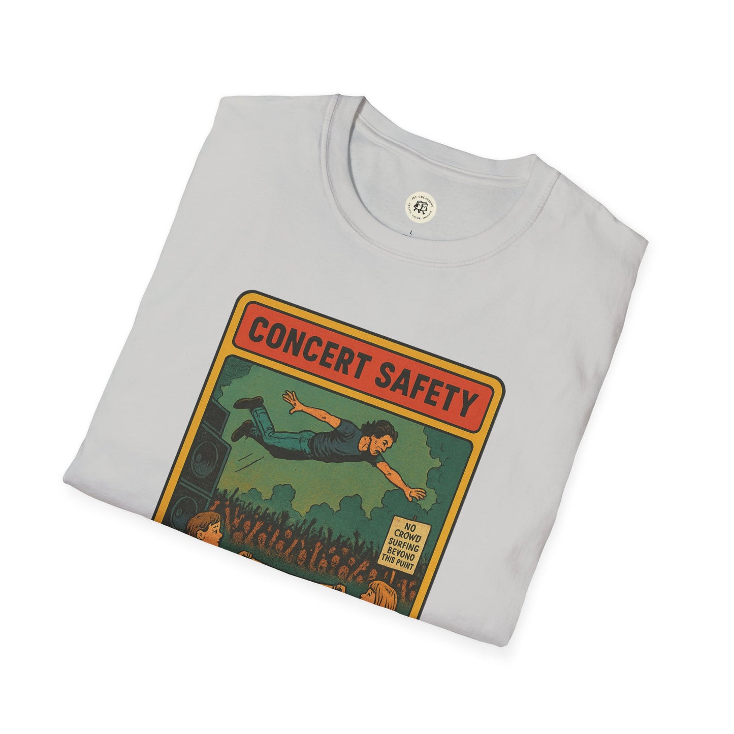 Printify Pearl Jam crowd surfing tee in light gray with concert safety graphic design