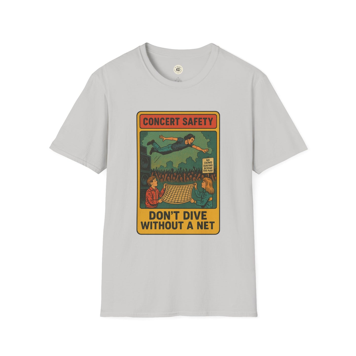 Printify Pearl Jam crowd surfing tee featuring concert safety graphic with diving crowd surfer and net