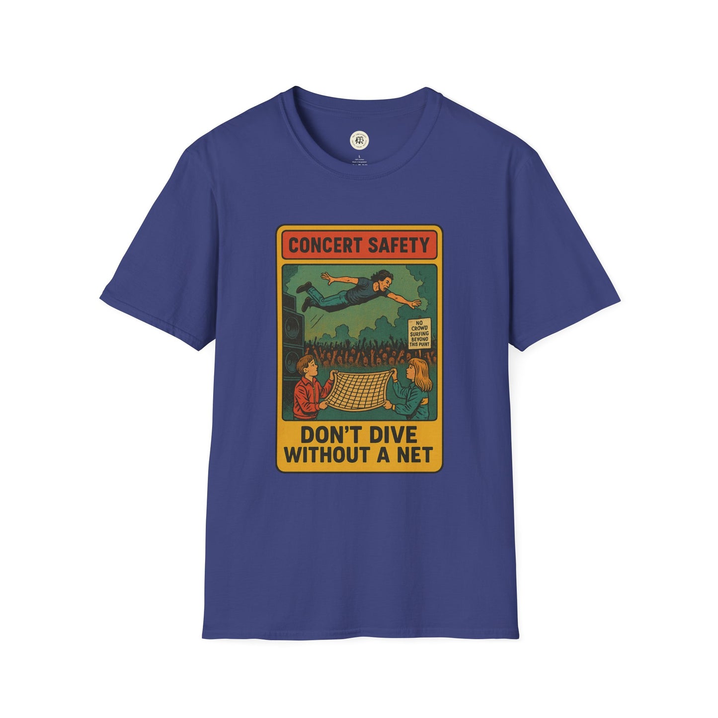 Printify Pearl Jam crowd surfing tee in navy blue with vintage concert safety graphic
