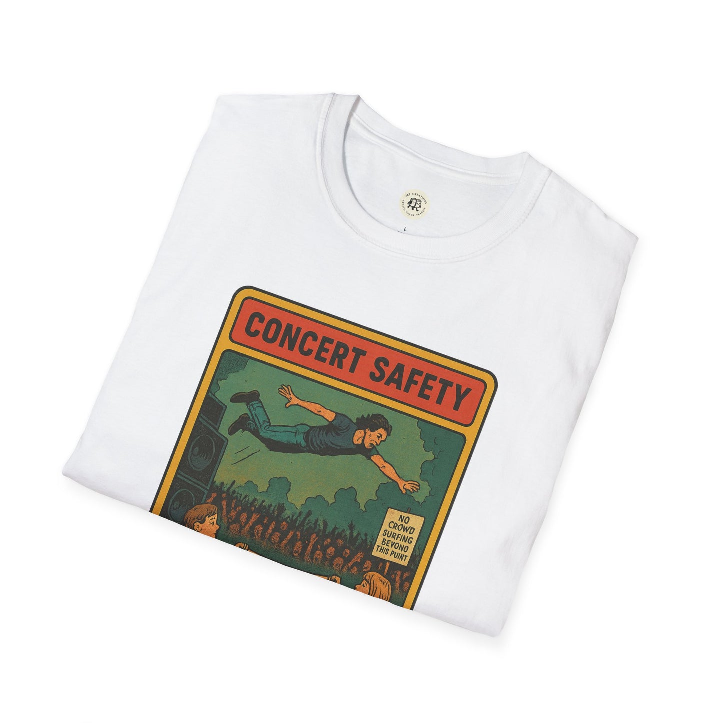 White Printify t-shirt featuring a colorful Pearl Jam crowd surfing tee concert safety graphic