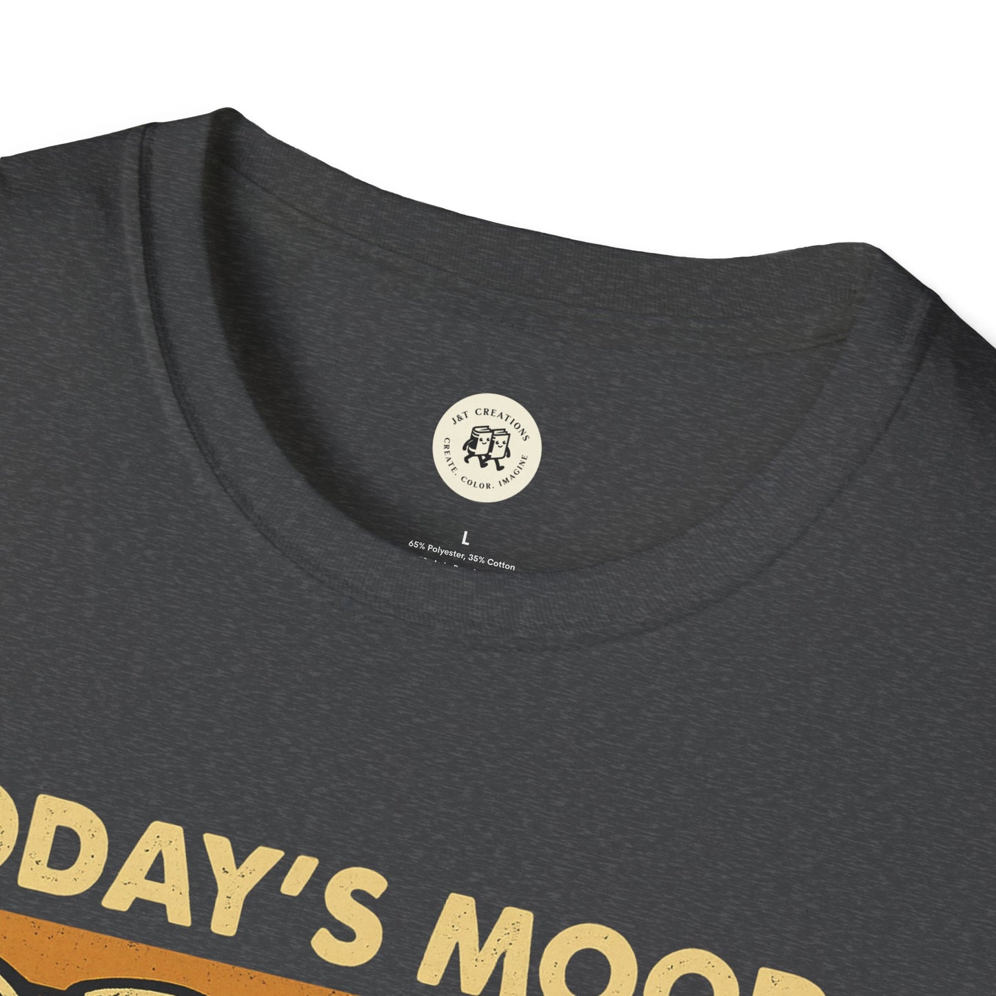 Close-up of dark gray Printify screaming goat t-shirt with printed text and round neckline
