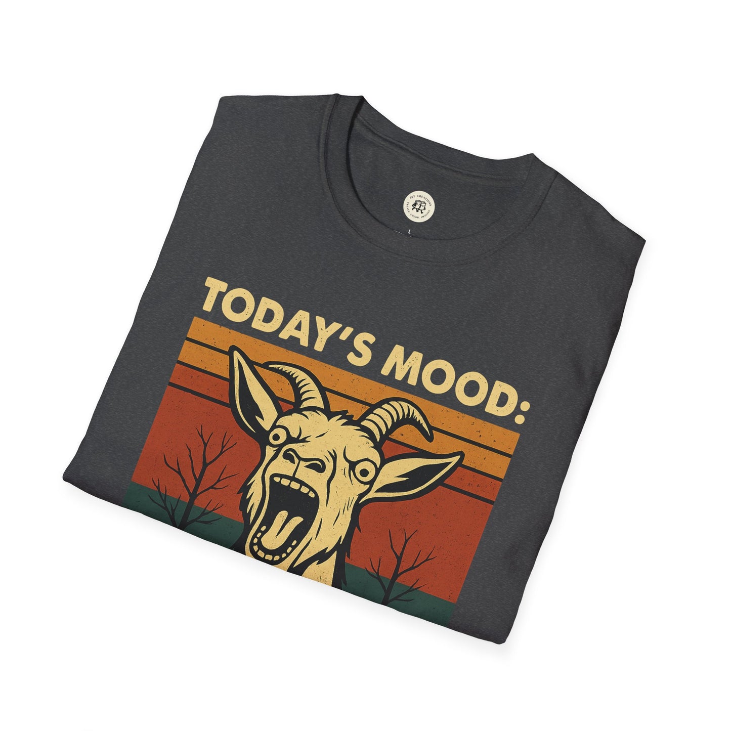 Folded dark gray Printify screaming goat t-shirt with vintage style screaming goat and today's mood text