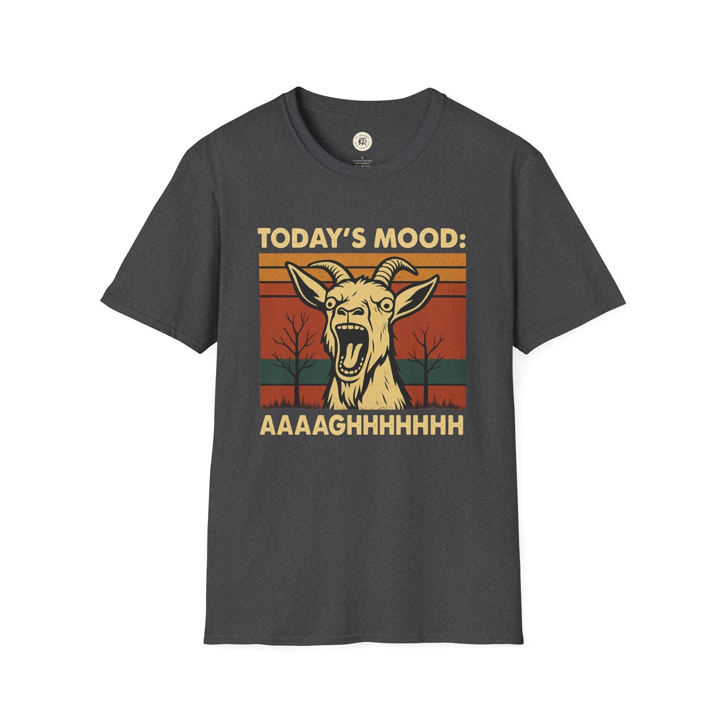 Printify screaming goat t-shirt with vintage design and text today’s mood aaaagghhhhhhh