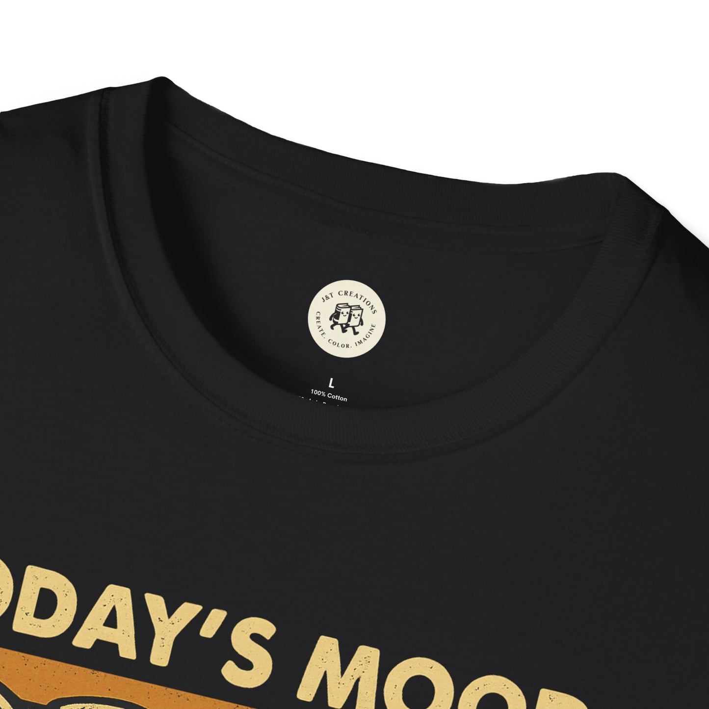 Close-up of black screaming goat t-shirt collar and partial text on front by Printify